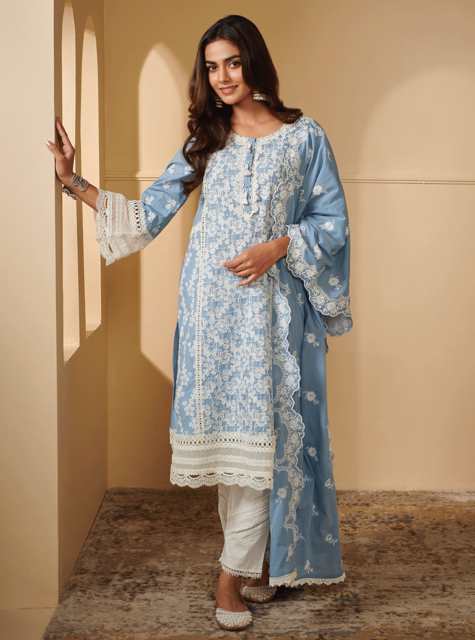 Mulmul Supima Cotton Sarayu Blue Kurta