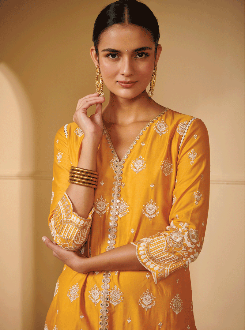 Periyar Pima Satin Yellow Kurta Set main image 1