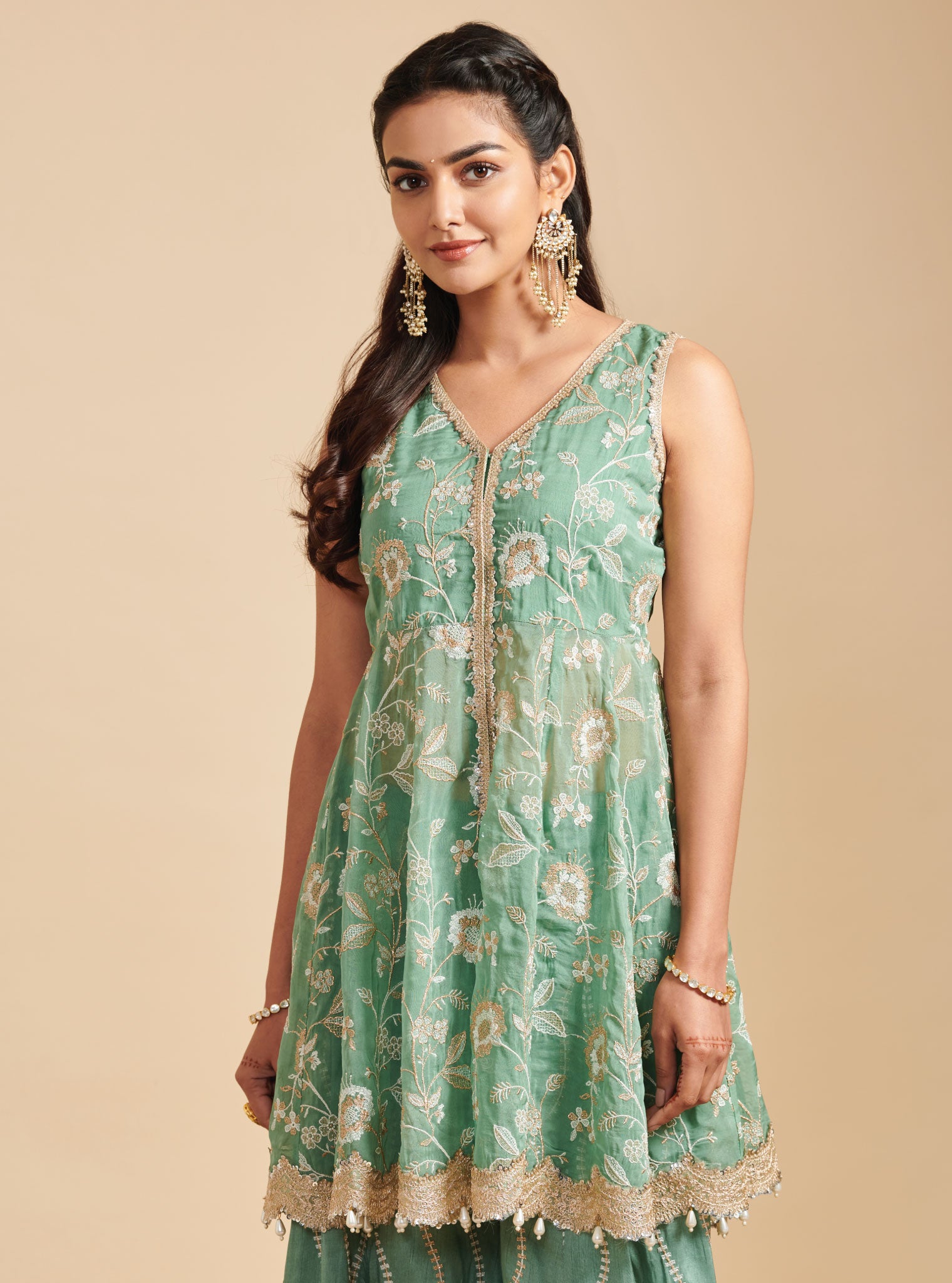 Mulmul Organza Lashkara Green Short Anarkali Kurta With Mulmul Silk Lashkara Green Sharara