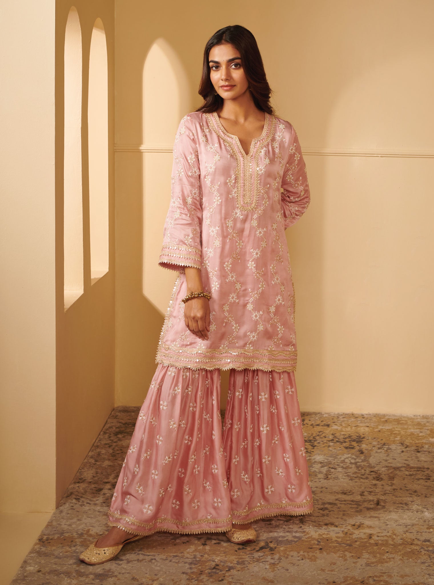 Mulmul Cupro Silk Avinya Pink Kurta With Avinya Pink Garara