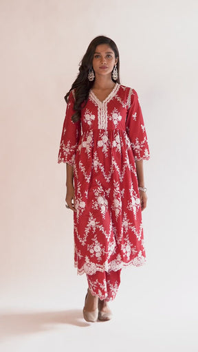 Mulmul Cotton Zambi Red Kurta With Zambi Pant Red