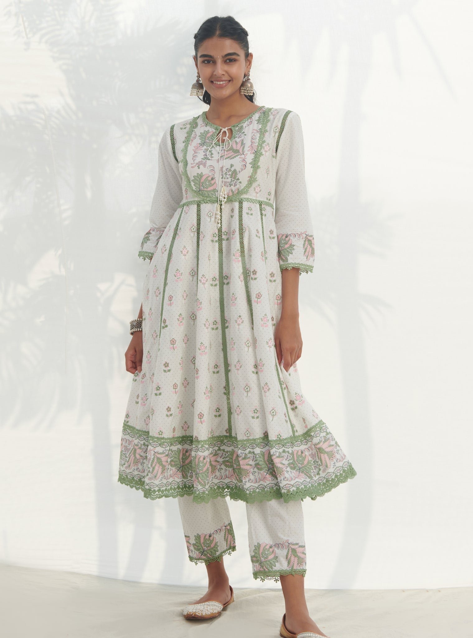 Mulmul Cotton Amaryllis Anarkali Green Kurta With Mulmul Cotton Amaryllis Green Pant