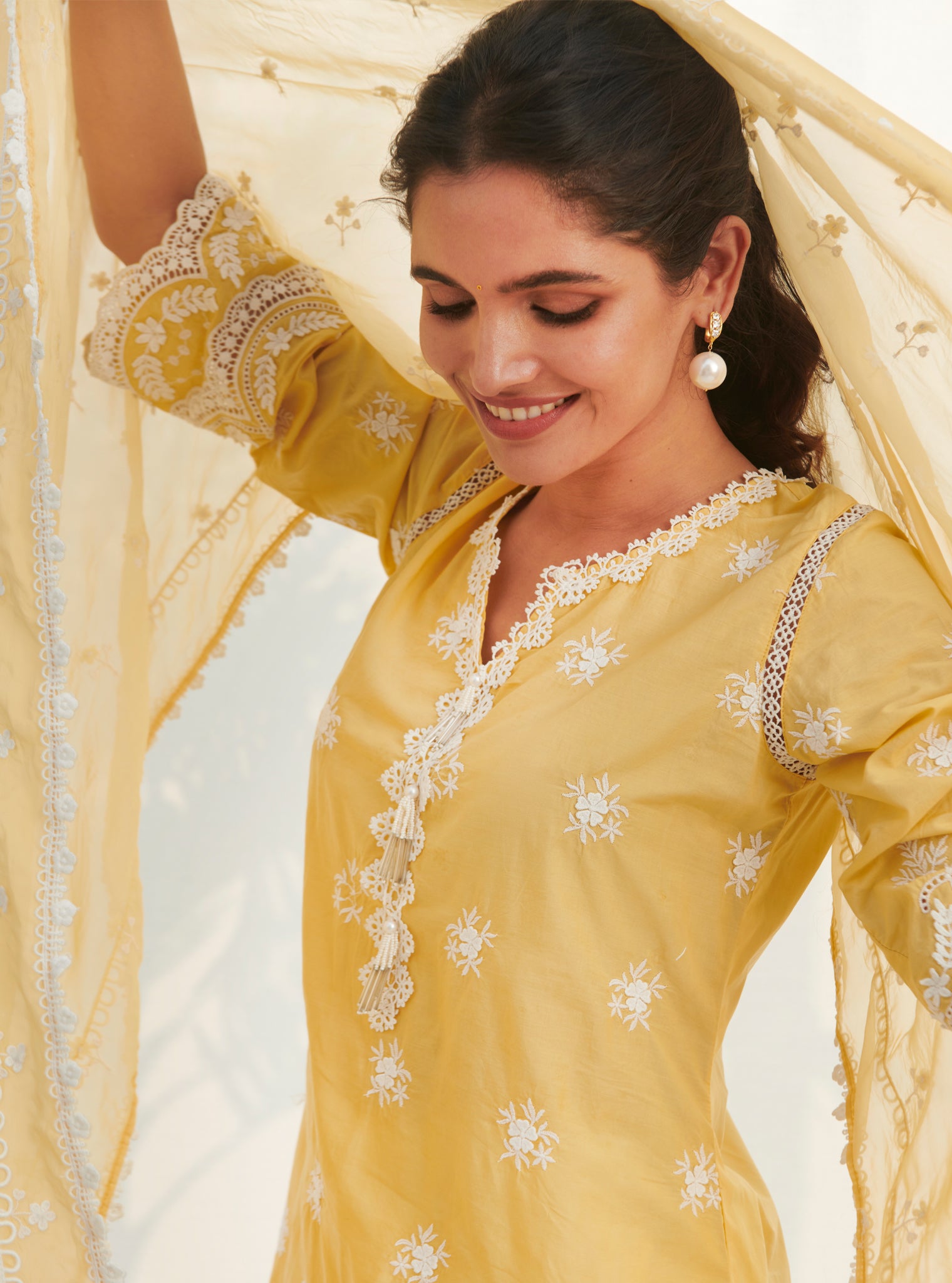 Mulmul Cotton Acoi Yellow Kurta With Mulmul Cotton Savri White Pant