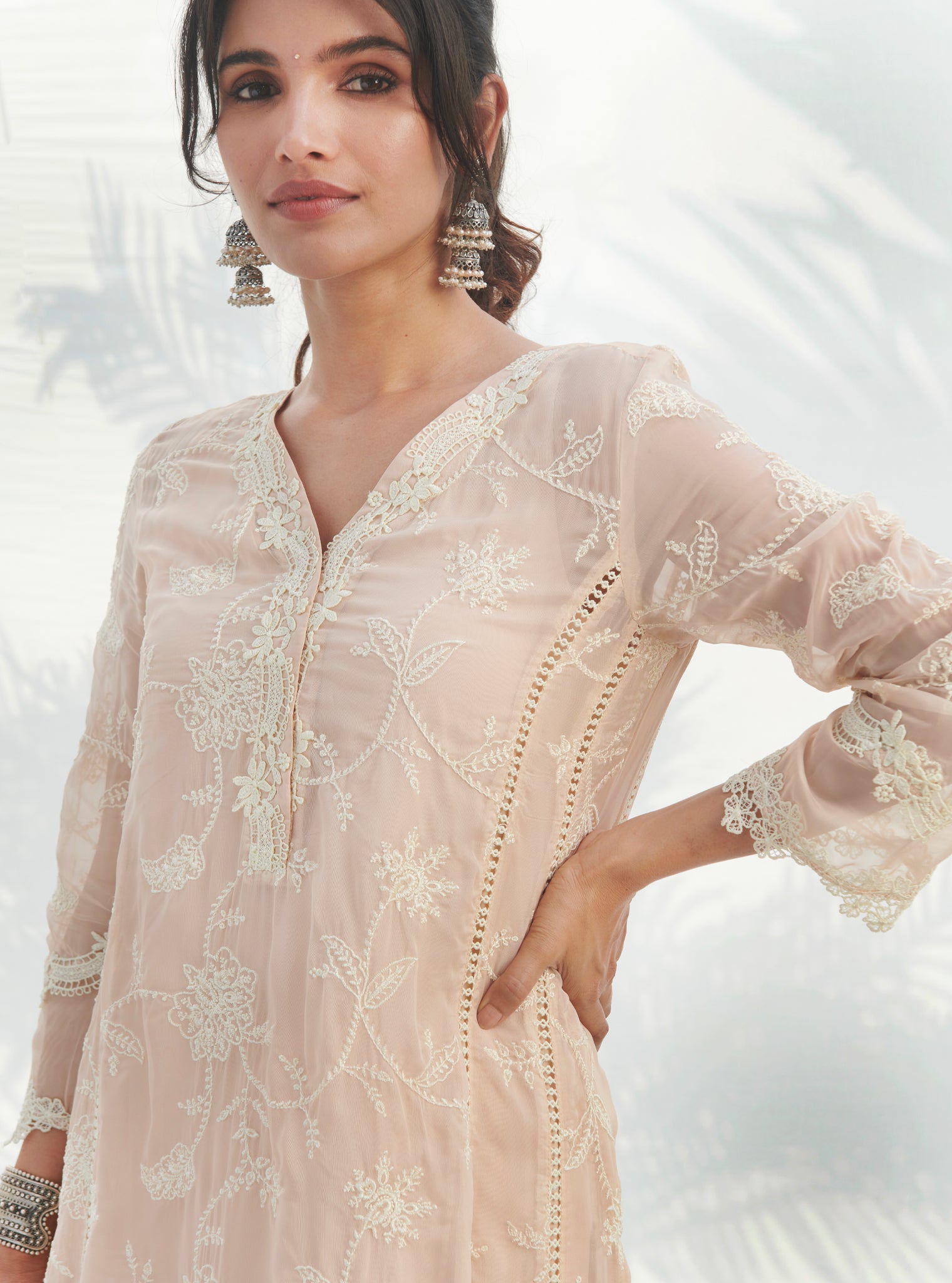 Mulmul Organza Alti Beige Kurta With Mulmul Cotton Alti Beige Pant