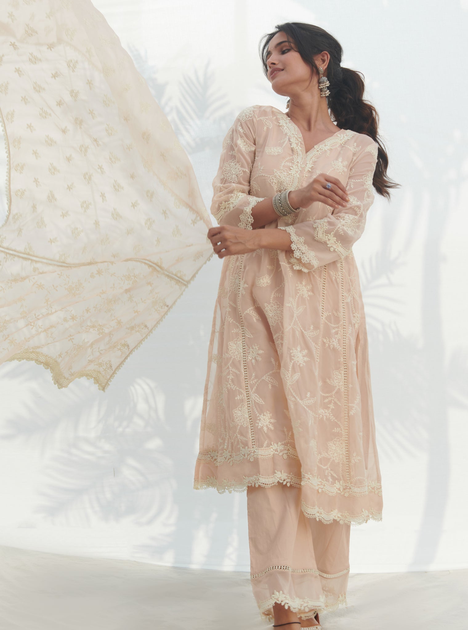 Mulmul Organza Alti Beige Kurta With Mulmul Cotton Alti Beige Pant