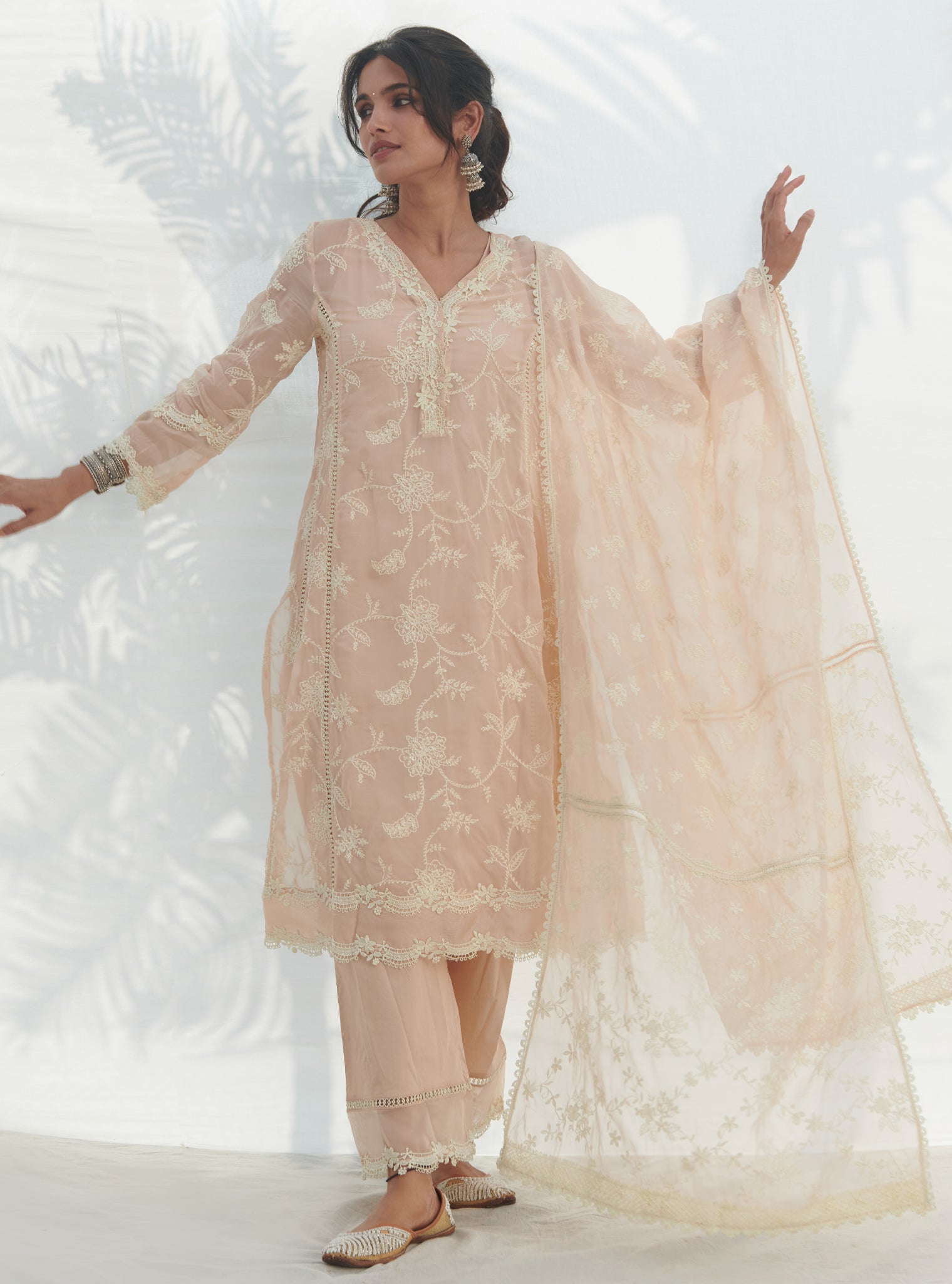 Mulmul Organza Alti Beige Kurta With Mulmul Cotton Alti Beige Pant