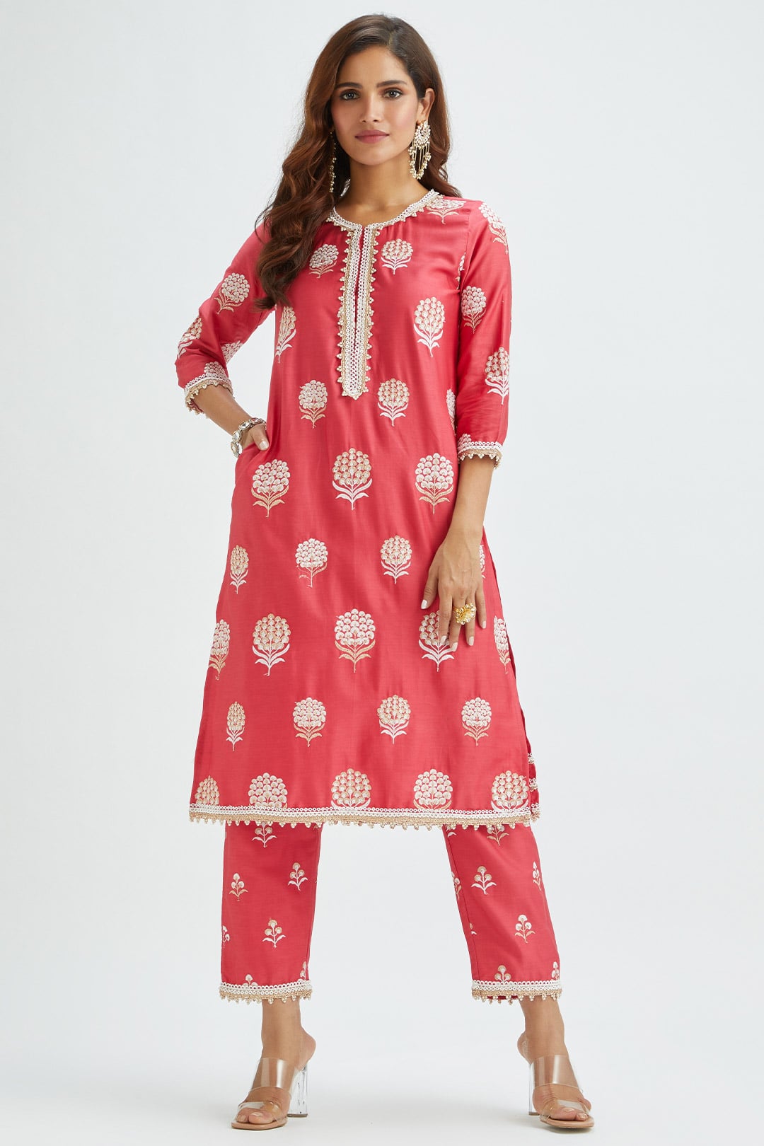 Mulmul Supima satin Amira Red Kurta With Amira Red Pant