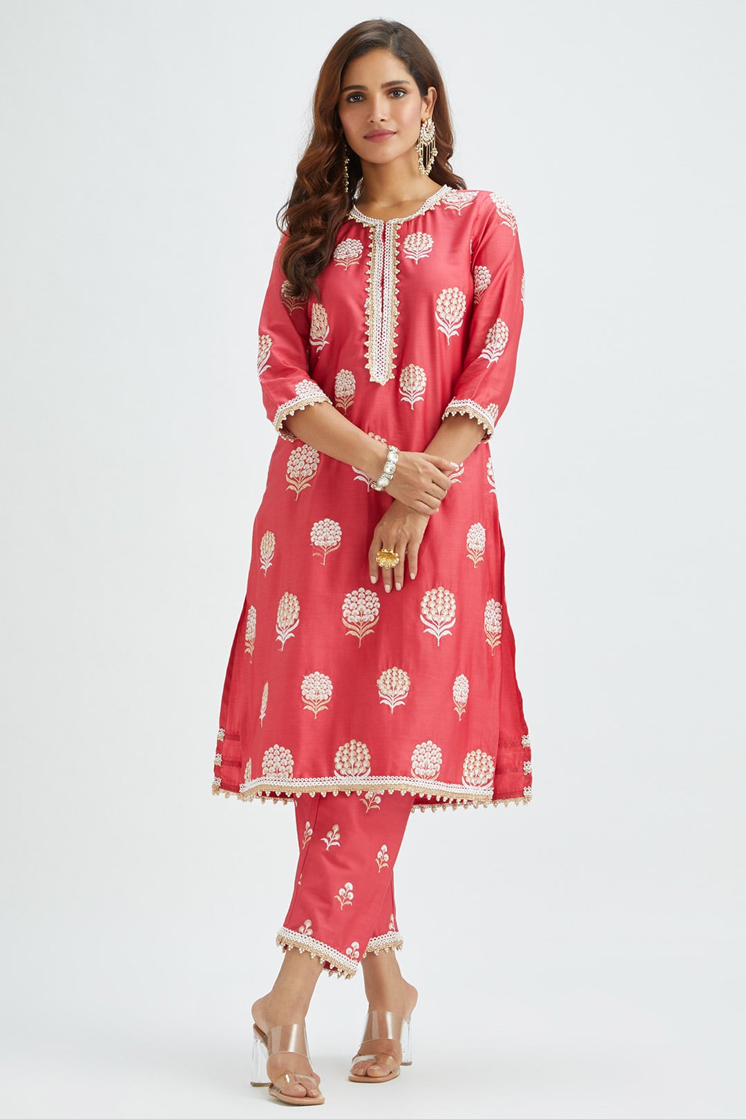 Mulmul Supima satin Amira Red Kurta With Amira Red Pant