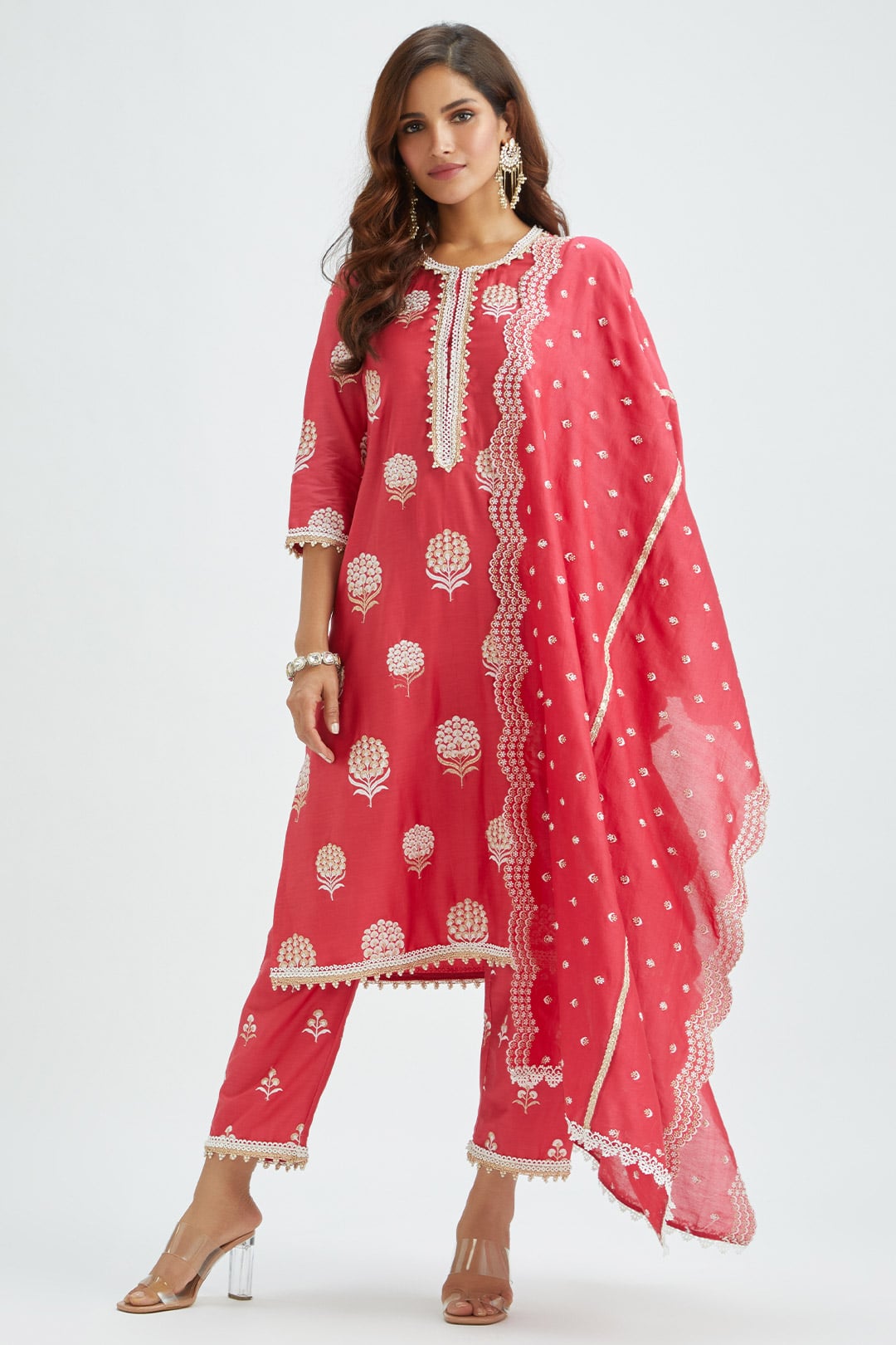 Mulmul Supima satin Amira Red Kurta With Amira Red Pant