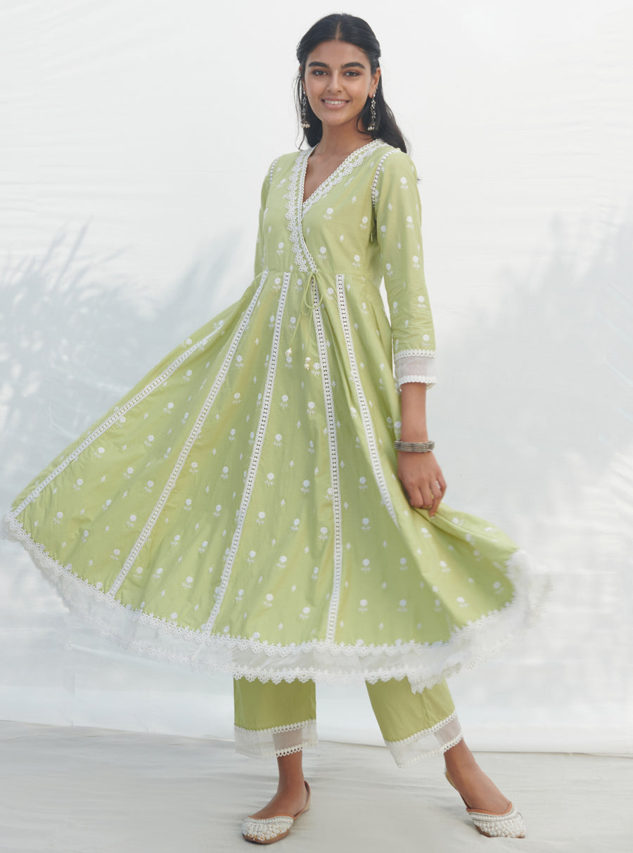 Mulmul Mirror Kurta Set-Lime Green main image 0