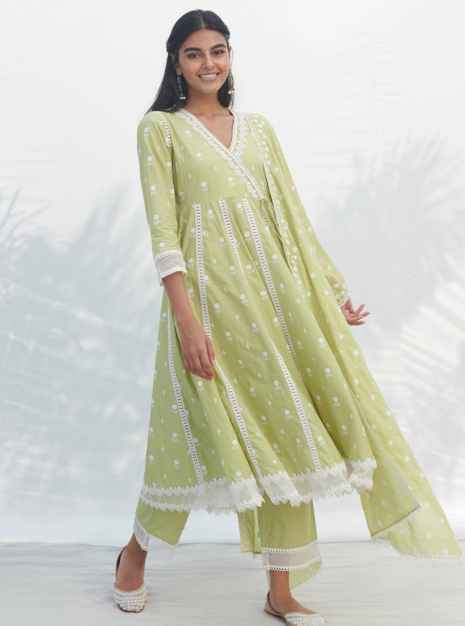 Mulmul Cotton Arambol Anarkali Lime Kurta With Mulmul Cotton Arambol Lime Pant