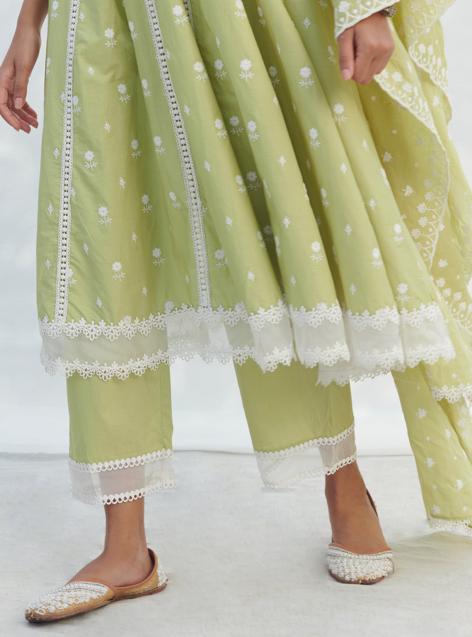 Mulmul Cotton Arambol Anarkali Lime Kurta With Mulmul Cotton Arambol Lime Pant