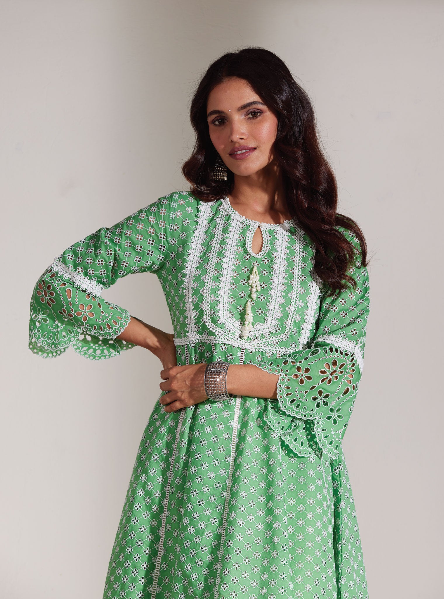 Mulmul Cotton Arris Green Anarkali  Kurta With Diagonal Pintuck White Pant