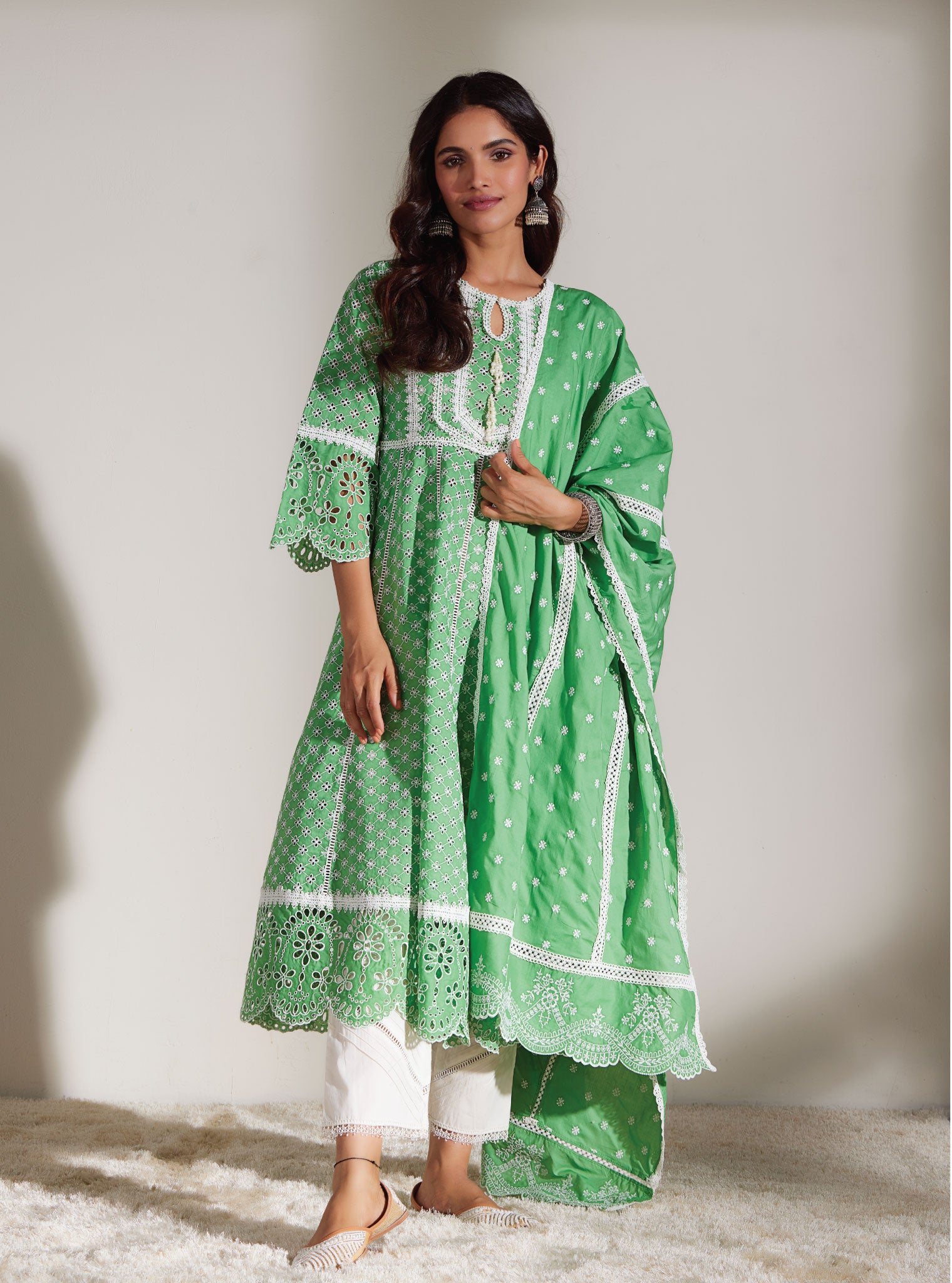 Mulmul Cotton Arris Green Anarkali  Kurta With Diagonal Pintuck White Pant