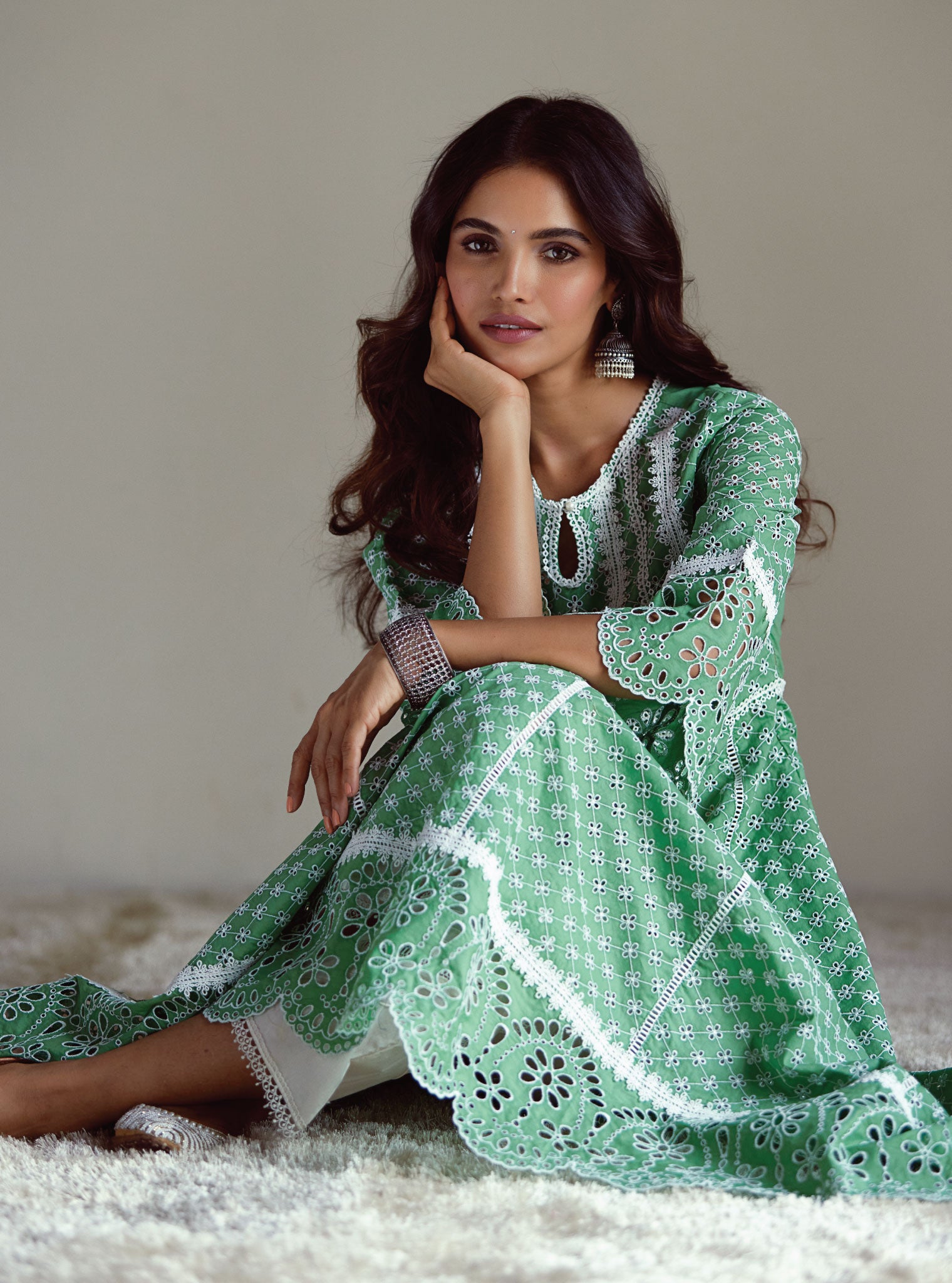 Mulmul Cotton Arris Green Anarkali  Kurta With Diagonal Pintuck White Pant