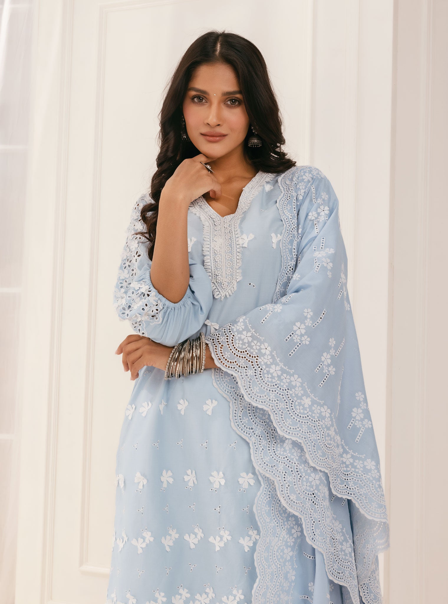 Mulmul Cotton Asota Blue Kurta With Eyelet Pant