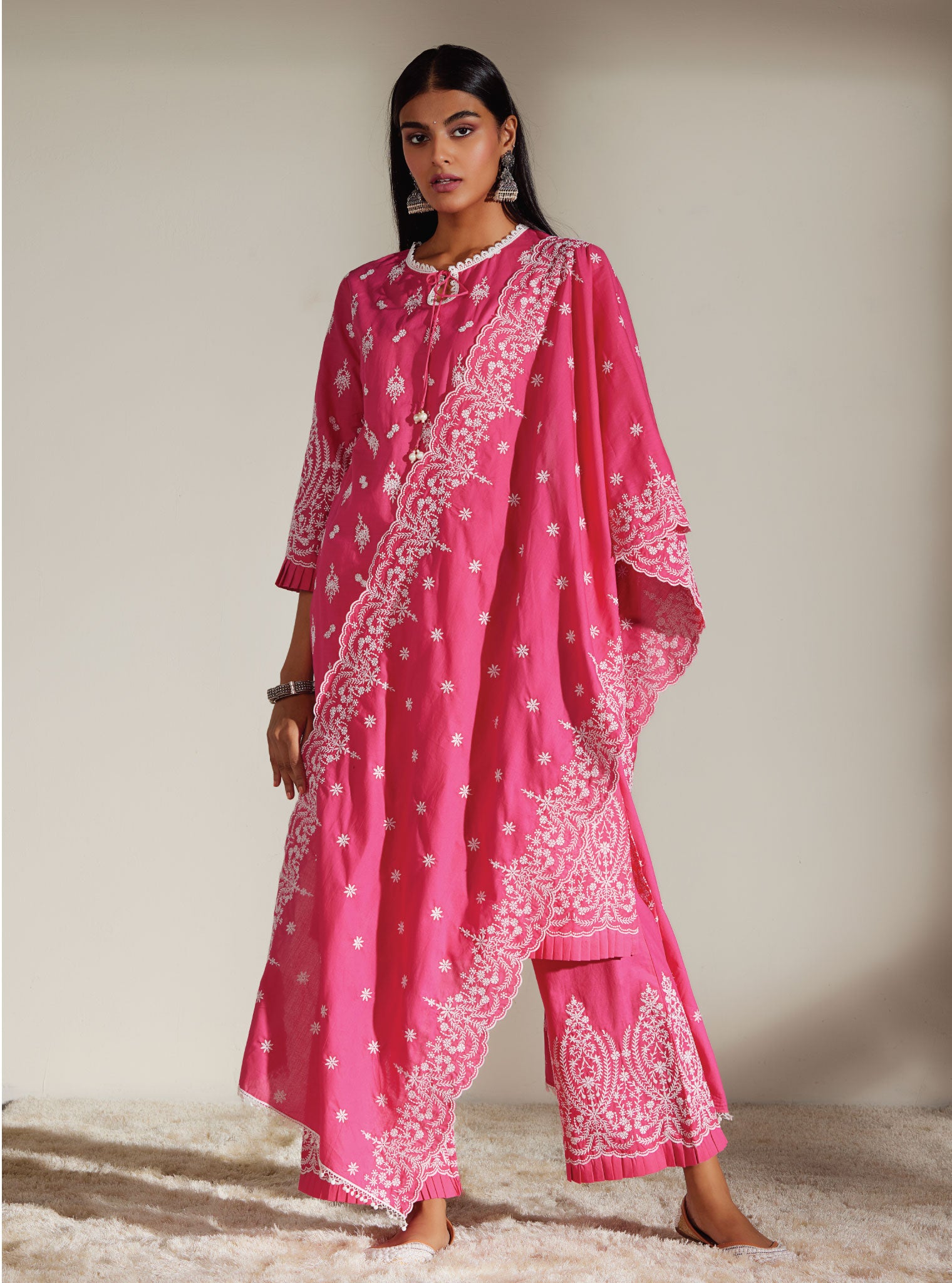 Mulmul Cotton Asteria Pink Kurta With Asteria Pink Palazzo