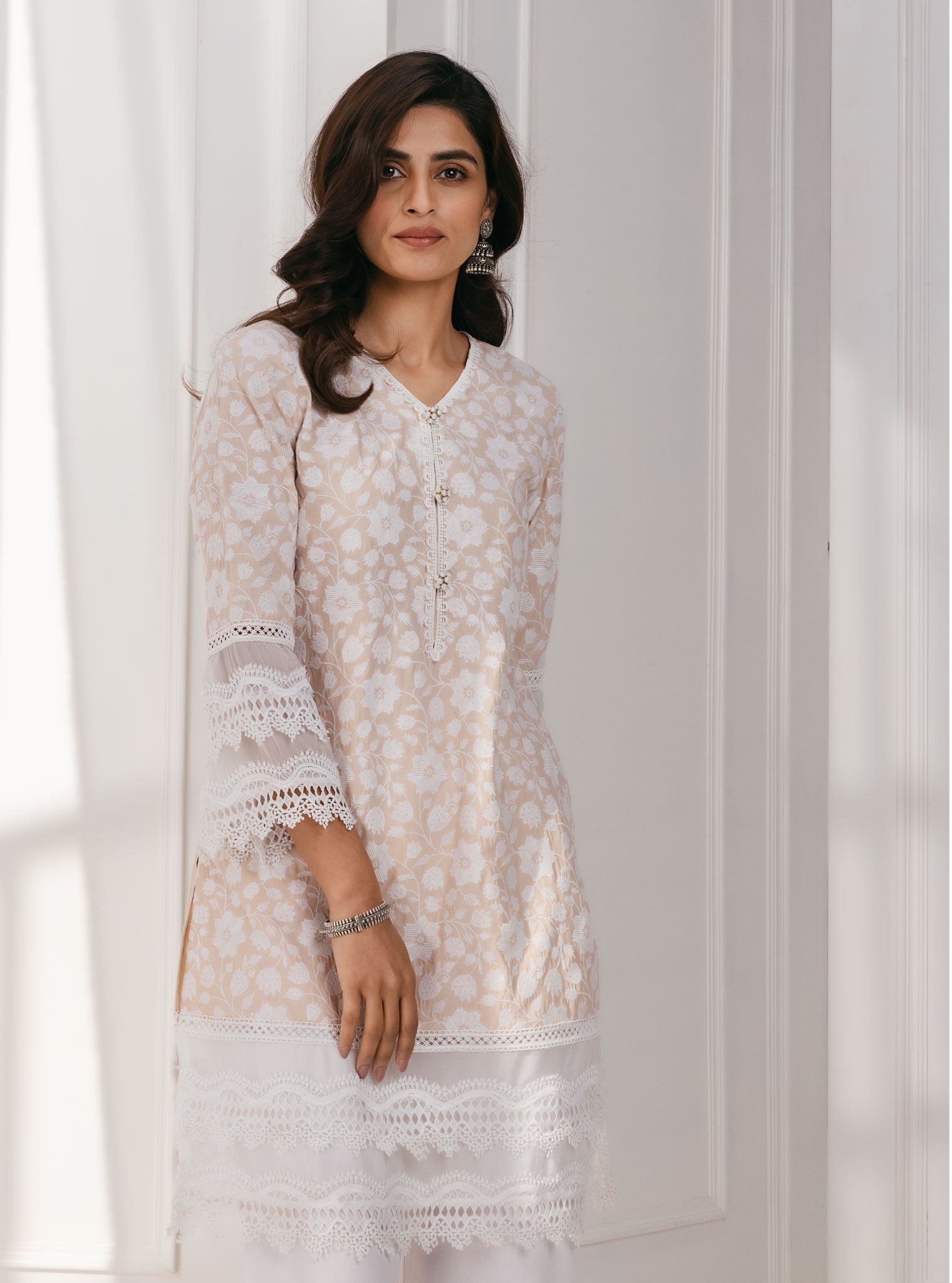 Mulmul Cotton Barog Beige Kurta With Rattan Lace White Palazzo