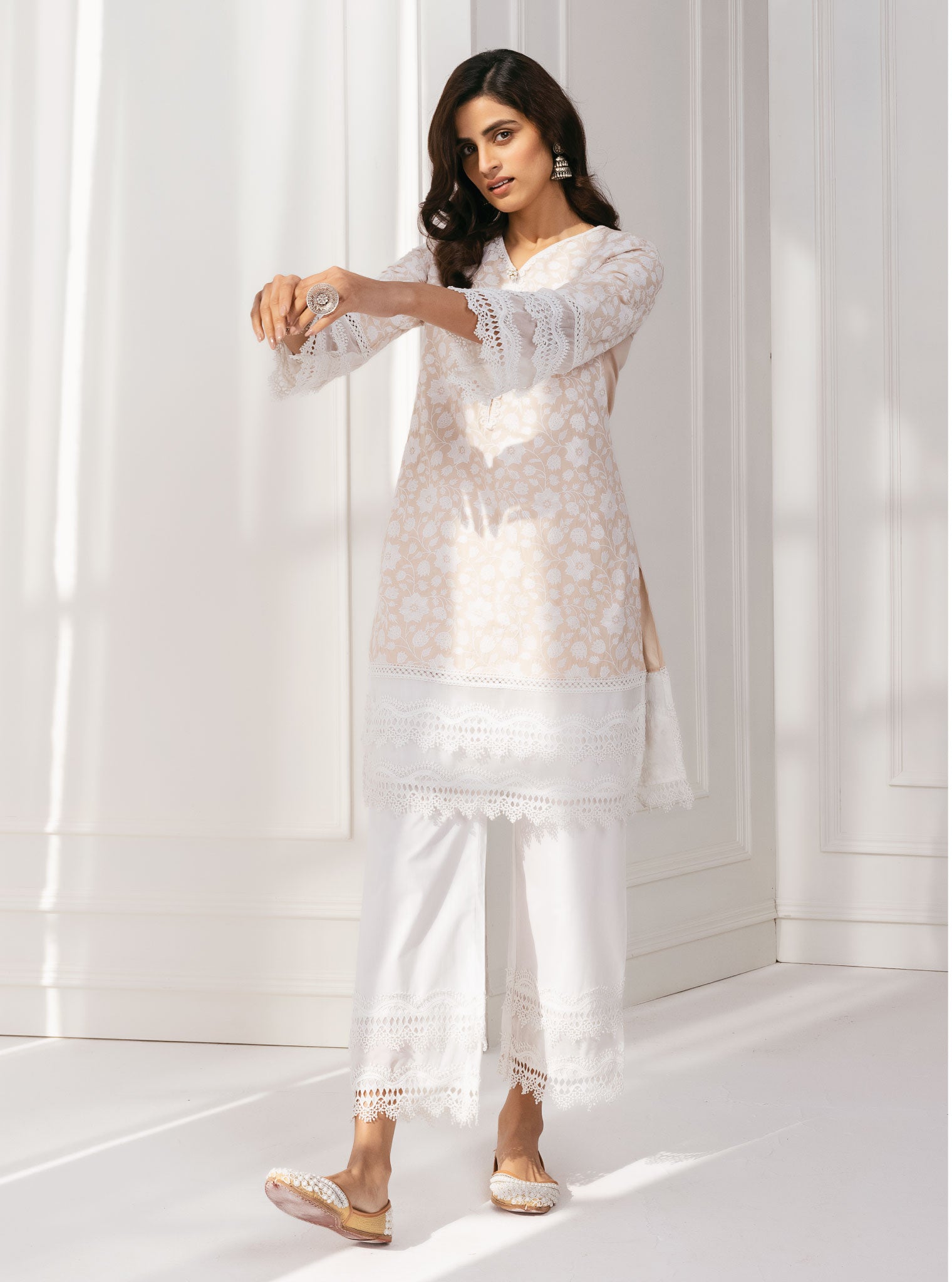 Mulmul Cotton Barog Beige Kurta With Rattan Lace White Palazzo