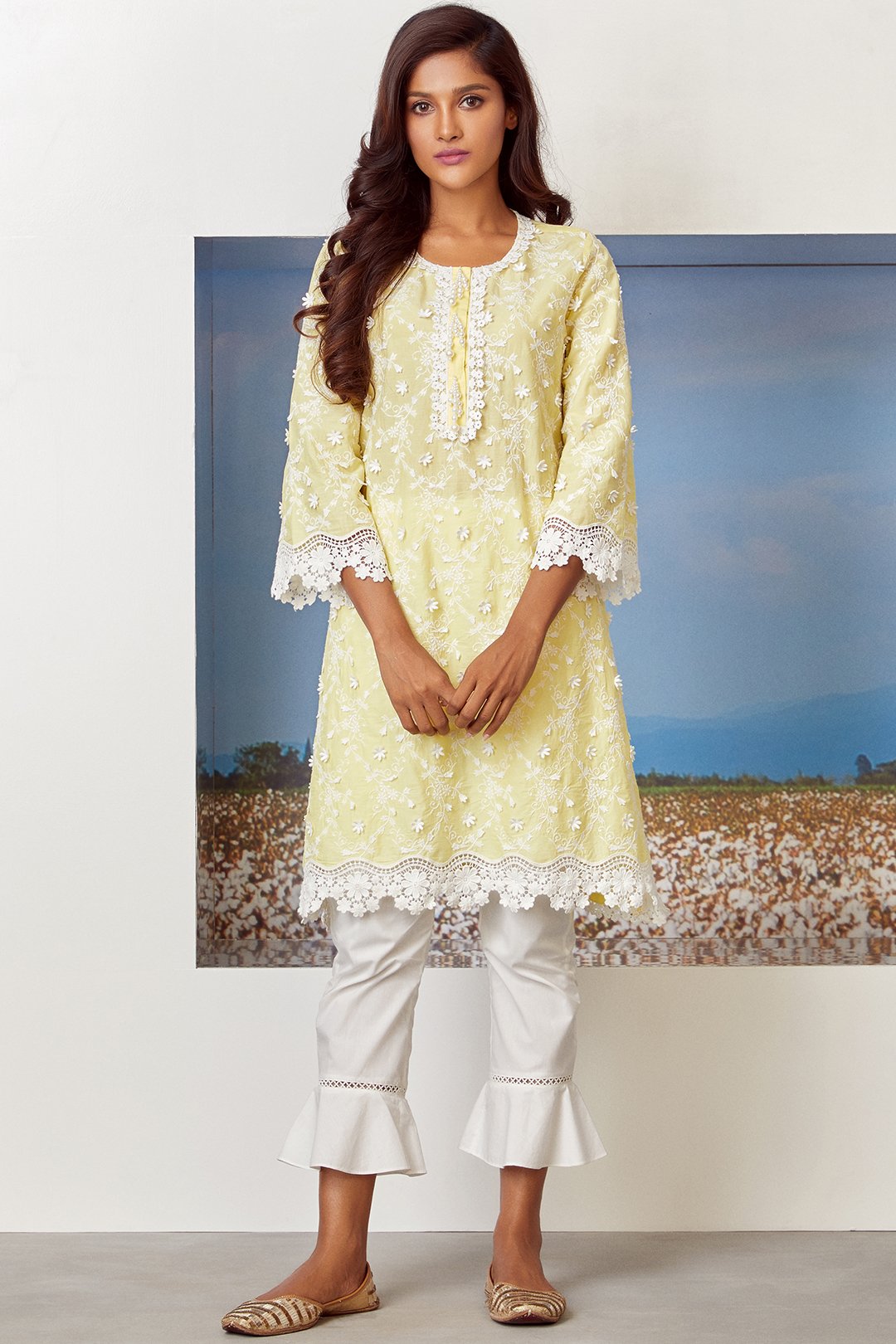 Mulmul Cotton Baybreeze Yellow Kurta With Umbrella Frill White Pyajama