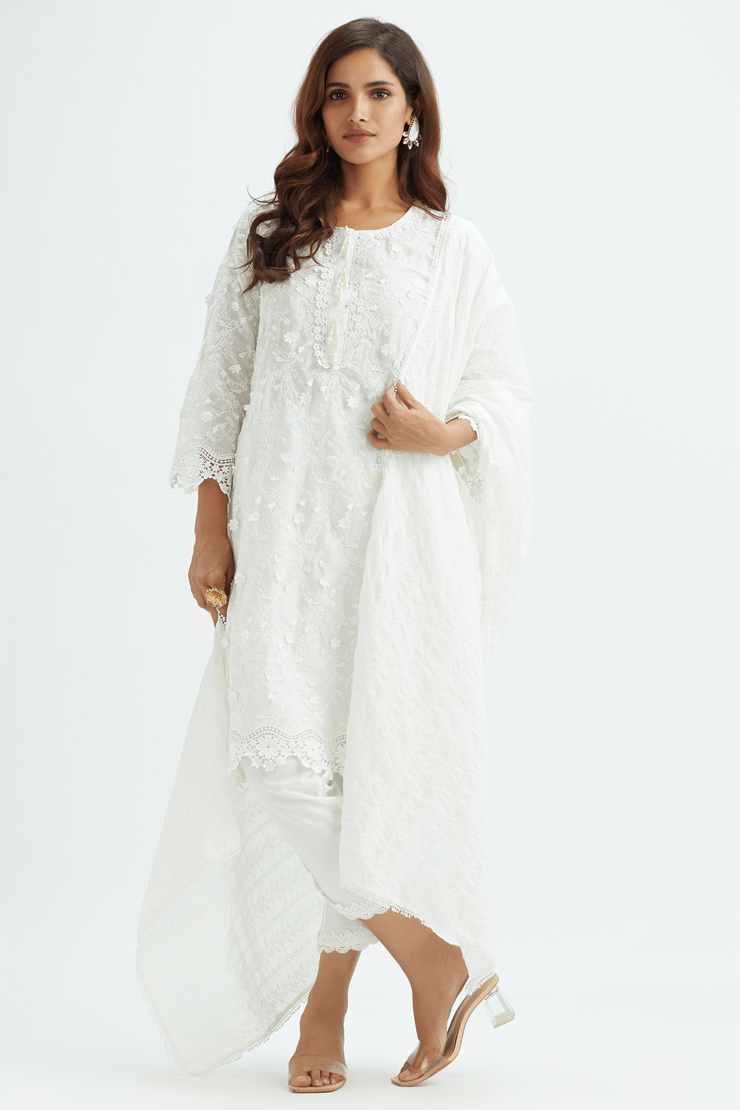 Mulmul Cotton BayBreeze White Kurta With Rounded Hem Pyajama White