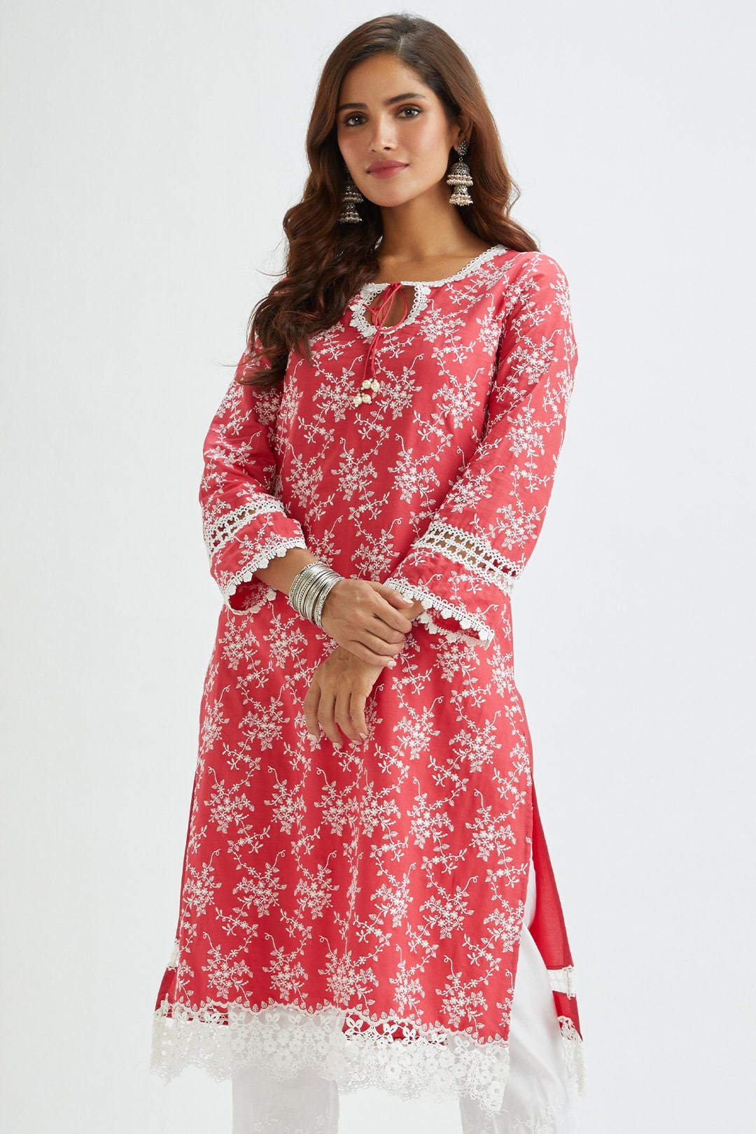 Mulmul Supima Satin Brook Red Kurta With Applique Embroidered Pant