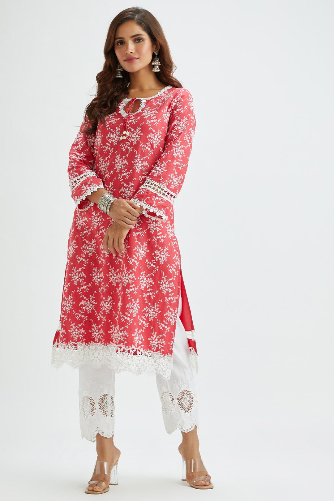 Mulmul Supima Satin Brook Red Kurta With Applique Embroidered Pant