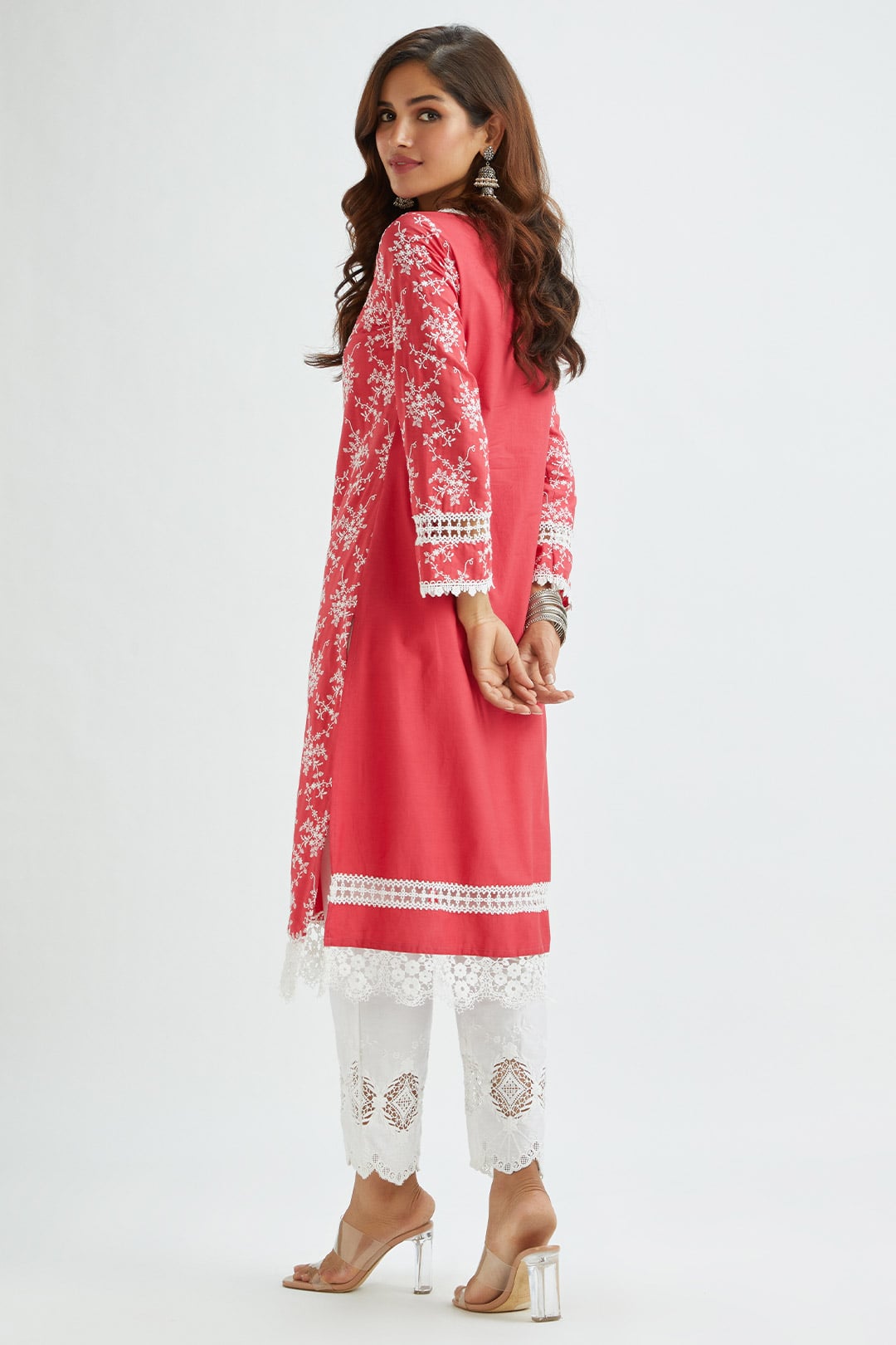 Mulmul Supima Satin Brook Red Kurta With Applique Embroidered Pant