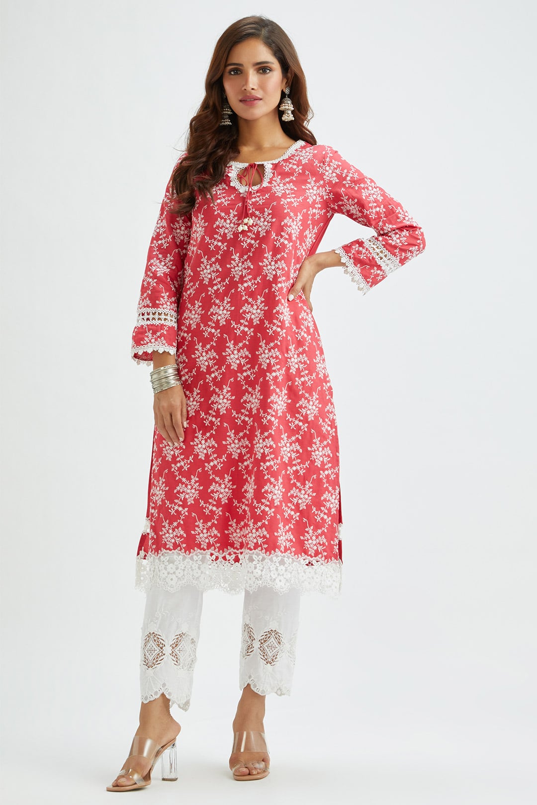 Mulmul Supima Satin Brook Red Kurta With Applique Embroidered Pant