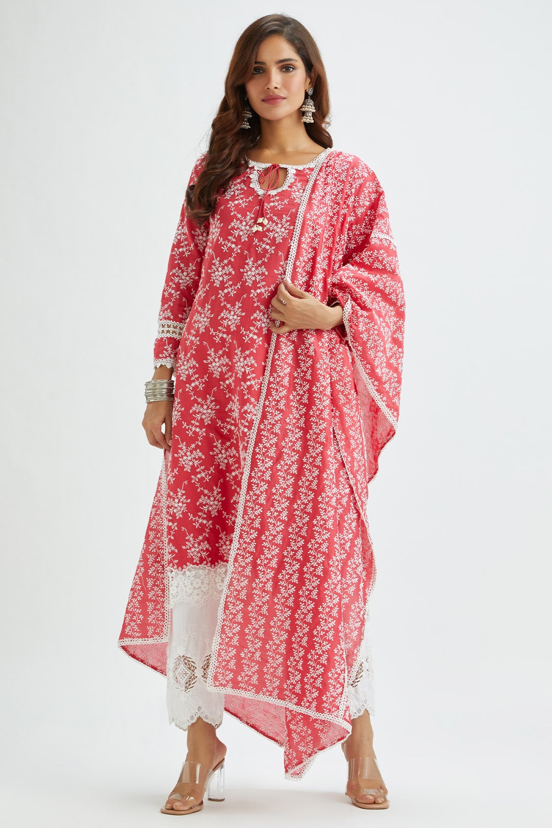 Mulmul Supima Satin Brook Red Kurta With Applique Embroidered Pant