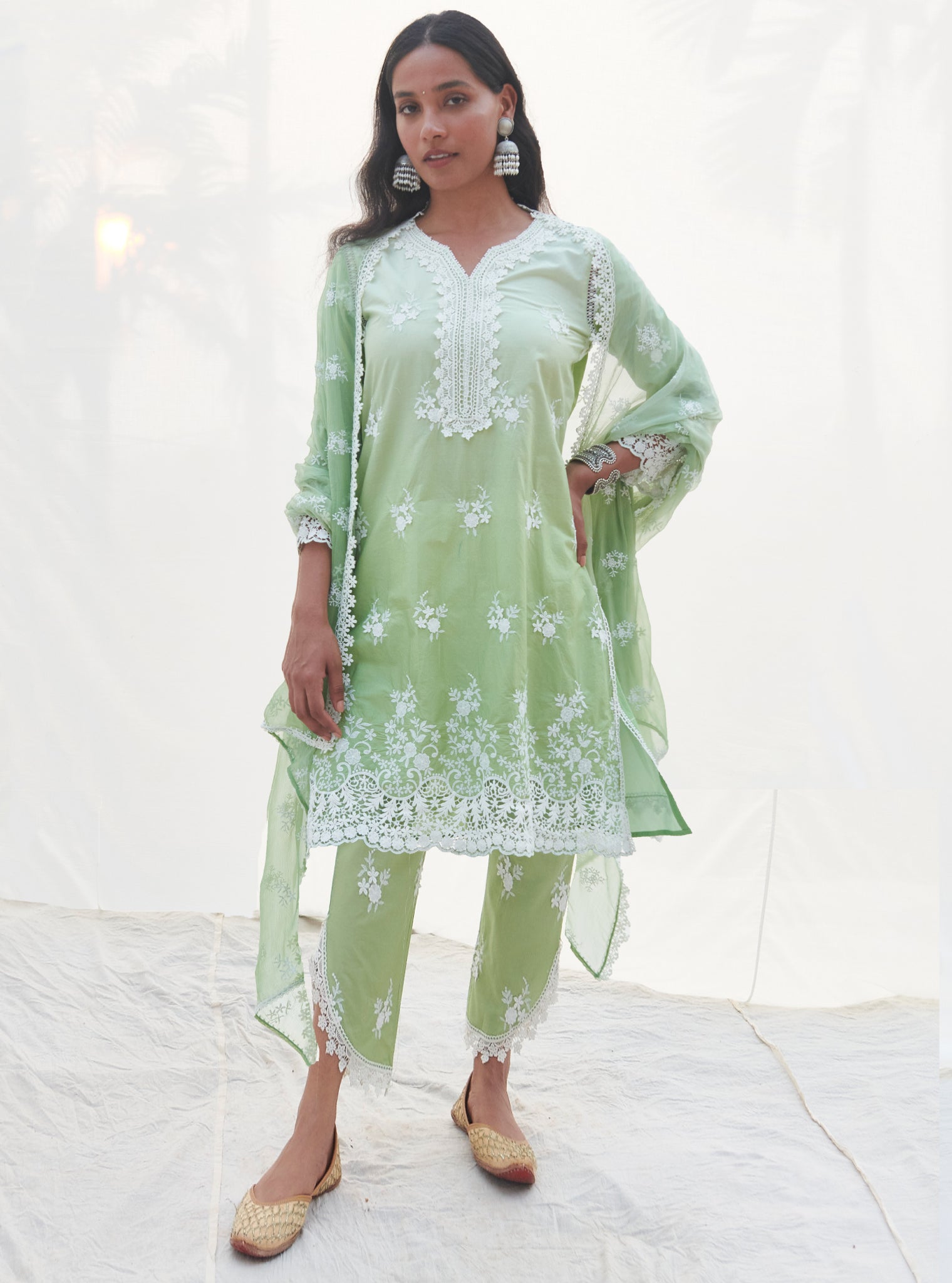 Mulmul Cotton Chapoli Green Kurta With Chapoli Green Pant