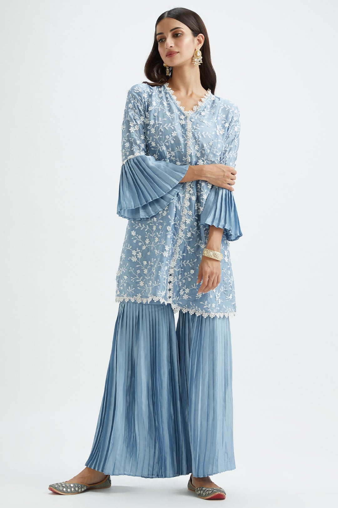 Mulmul Cupro Silk Cairo Blue Kurta With Cairo Blue Garara