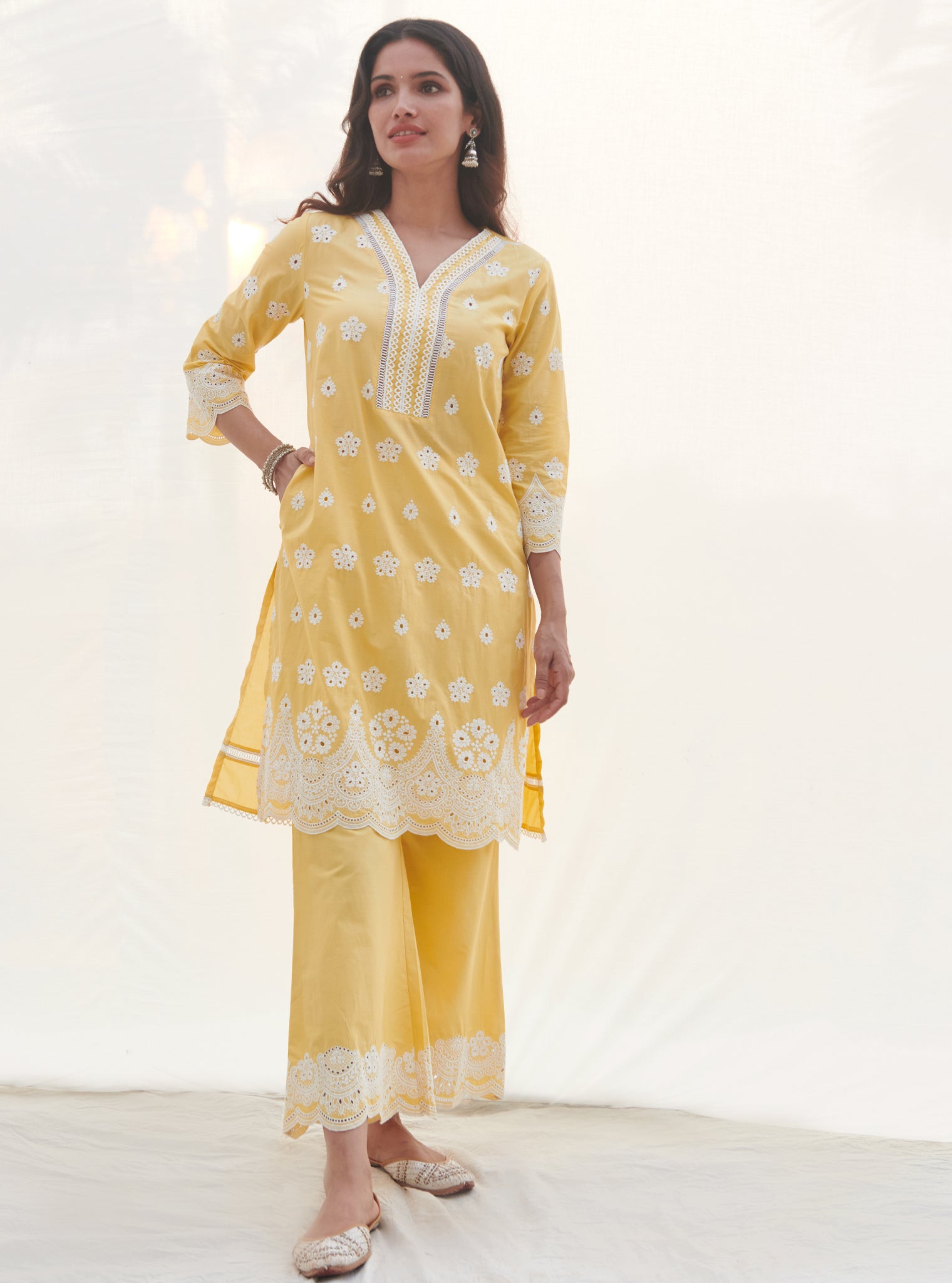 Mulmul Cotton Calvim Yellow Kurta With Mulmul Cotton Calvim Yellow Pant