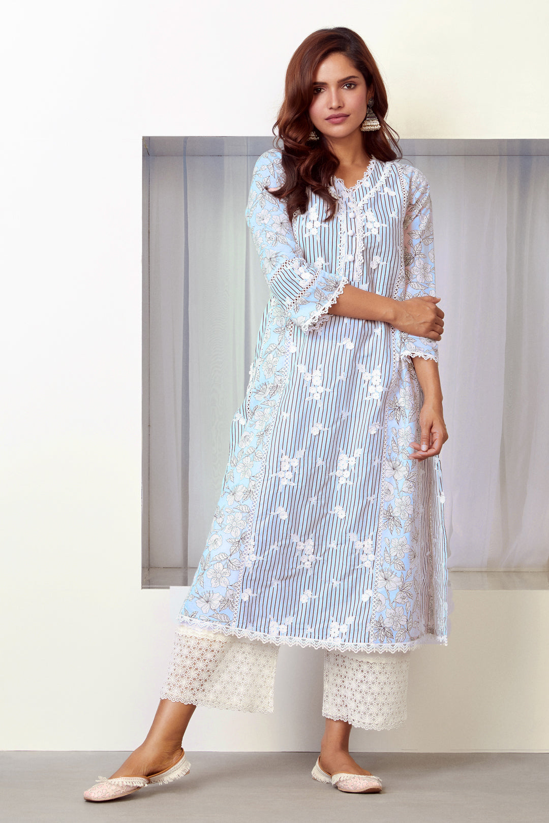 Mulmul Cotton Carnaby Light Blue Kurta With Lina White Palazzo