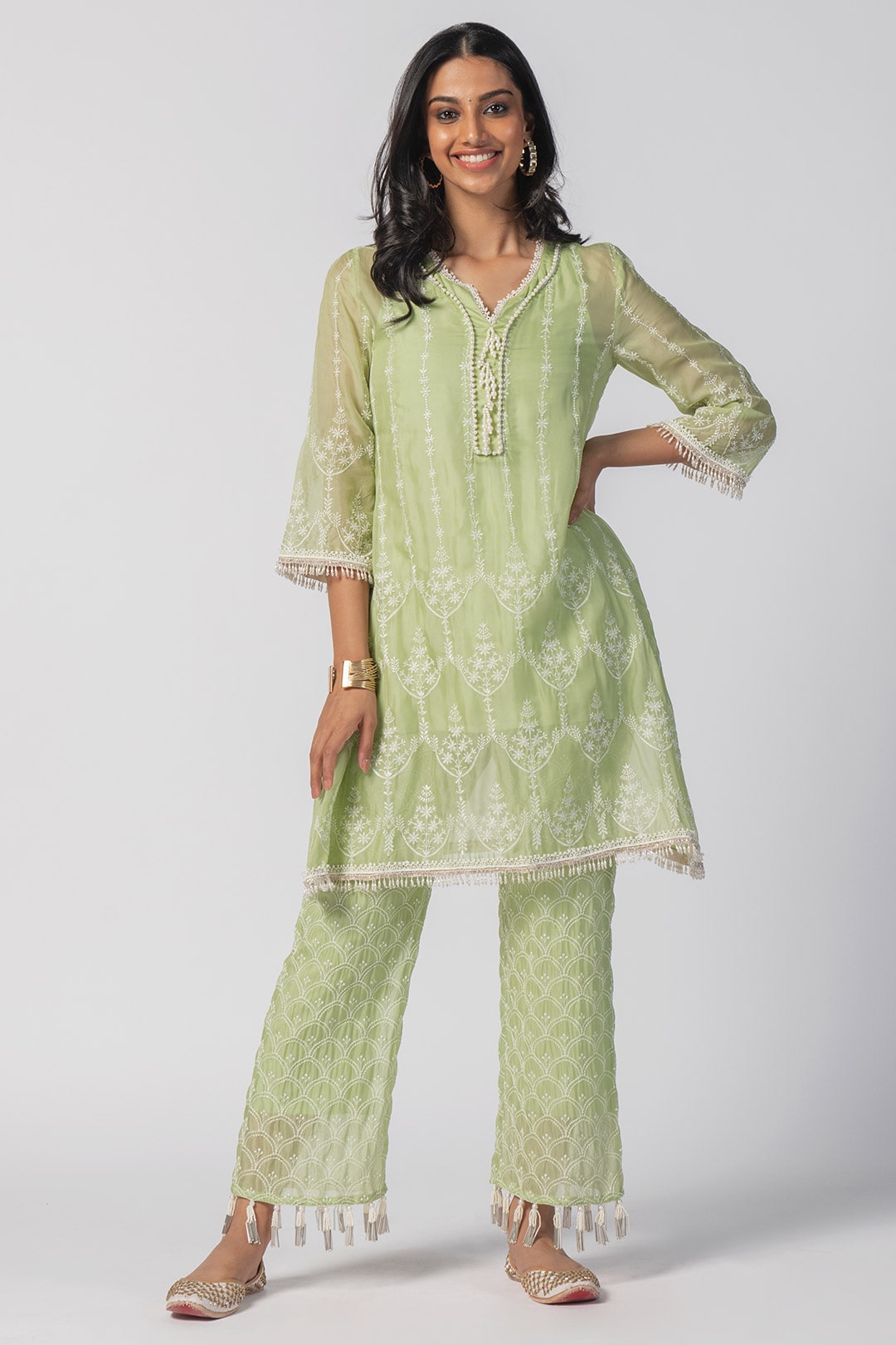 Mulmul Tencel Luxe Organza Celeste Kurta Green With Celeste Pant