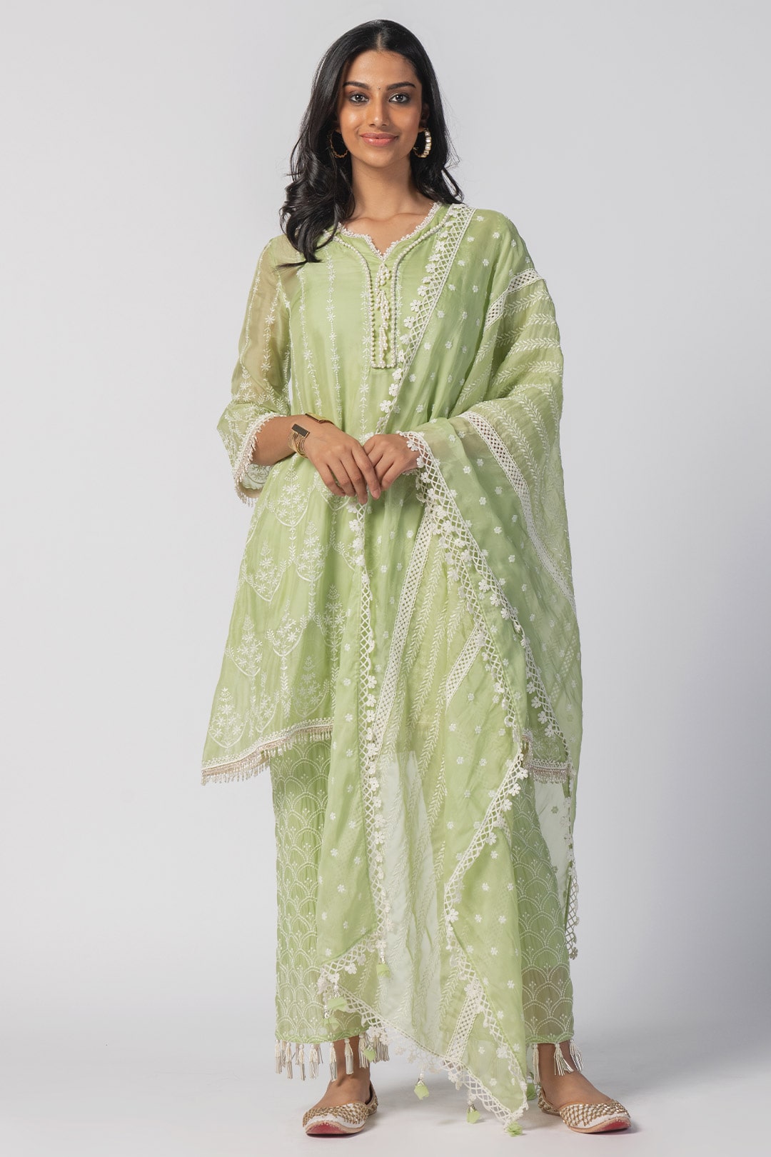 Mulmul Tencel Luxe Organza Celeste Kurta Green With Celeste Pant