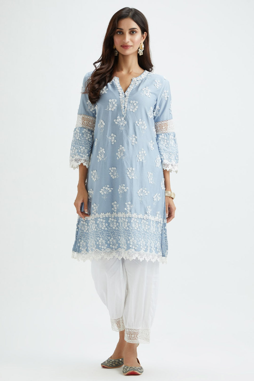 Amira Supima Satin Blue Kurta with Keerth White Pant Set main image 1