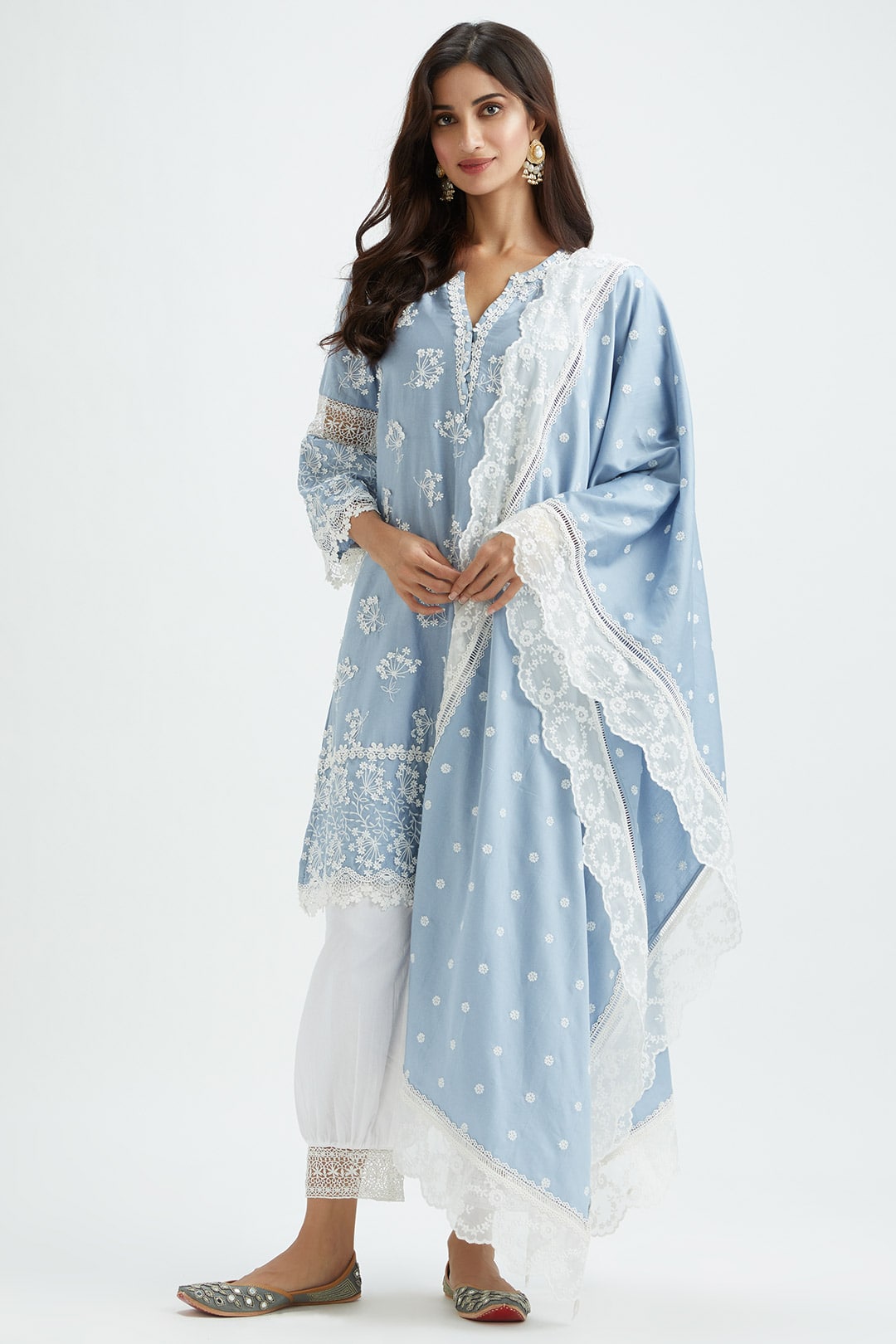 Mulmul Supima satin Celo Blue Kurta With Lax Blue Harem Pant