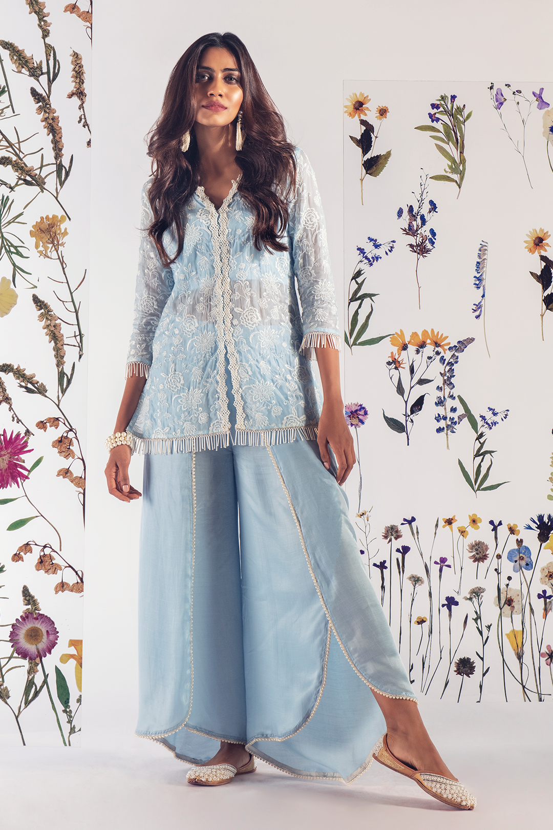 Mulmul Tencel Luxe Organza Claire Blue Kurta With Cupro Claire Dhoti Blue Pant