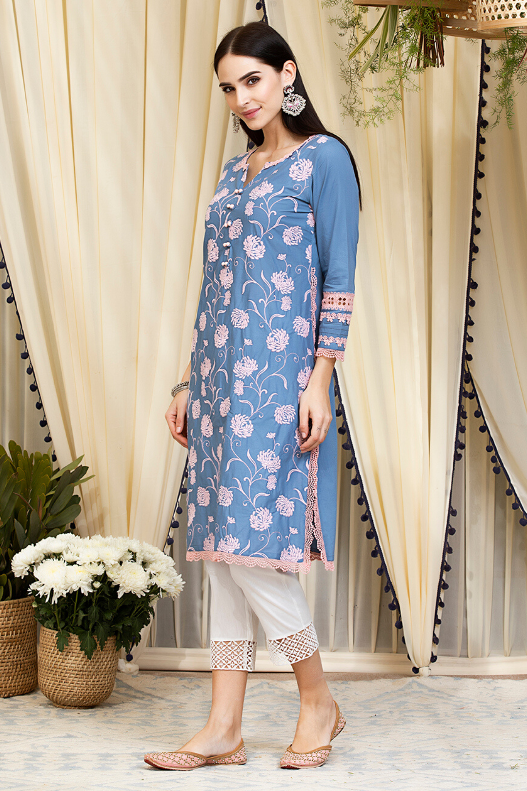 Mulmul Cotton Claudia Kurta Denim With Fern Cotton Pyajama