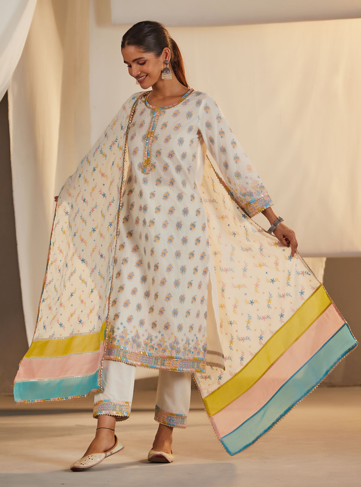 Mulmul Cotton Denise Off White Kurta With Denise Off White Pant