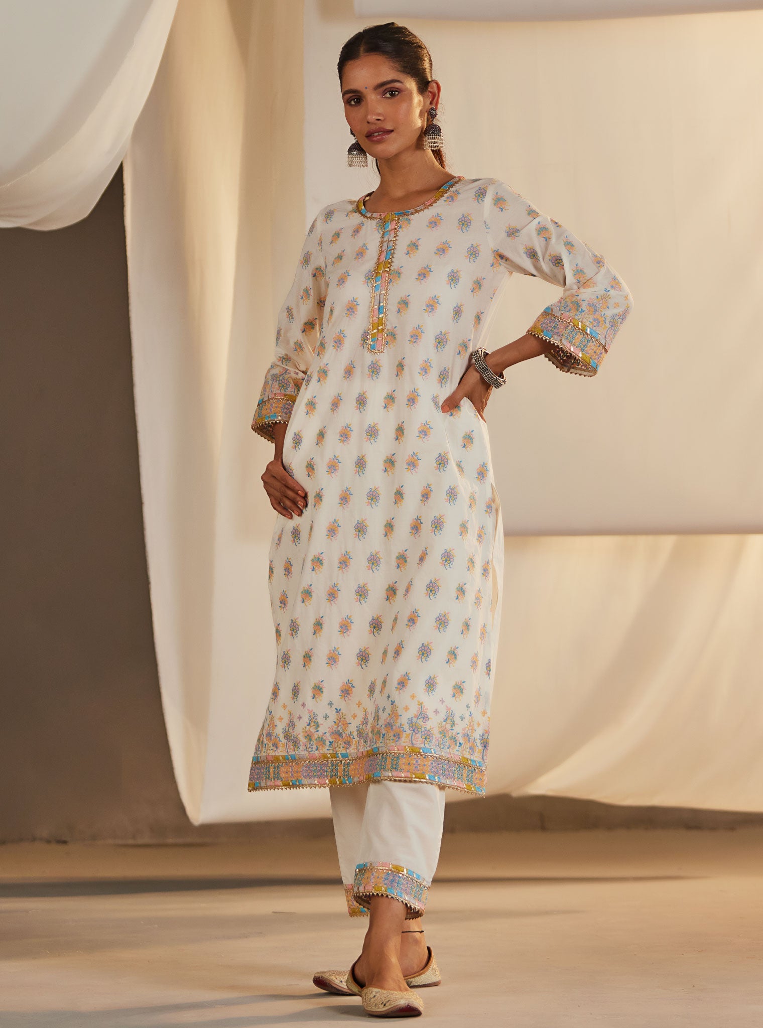 Mulmul Cotton Denise Off White Kurta With Denise Off White Pant