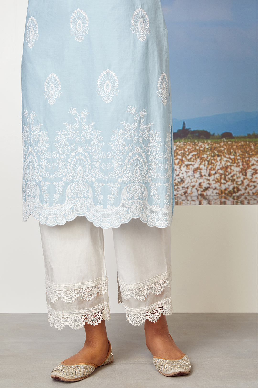 Mulmul Cotton Dreamscape Light Blue Kurta With Two Lace White Palazzo