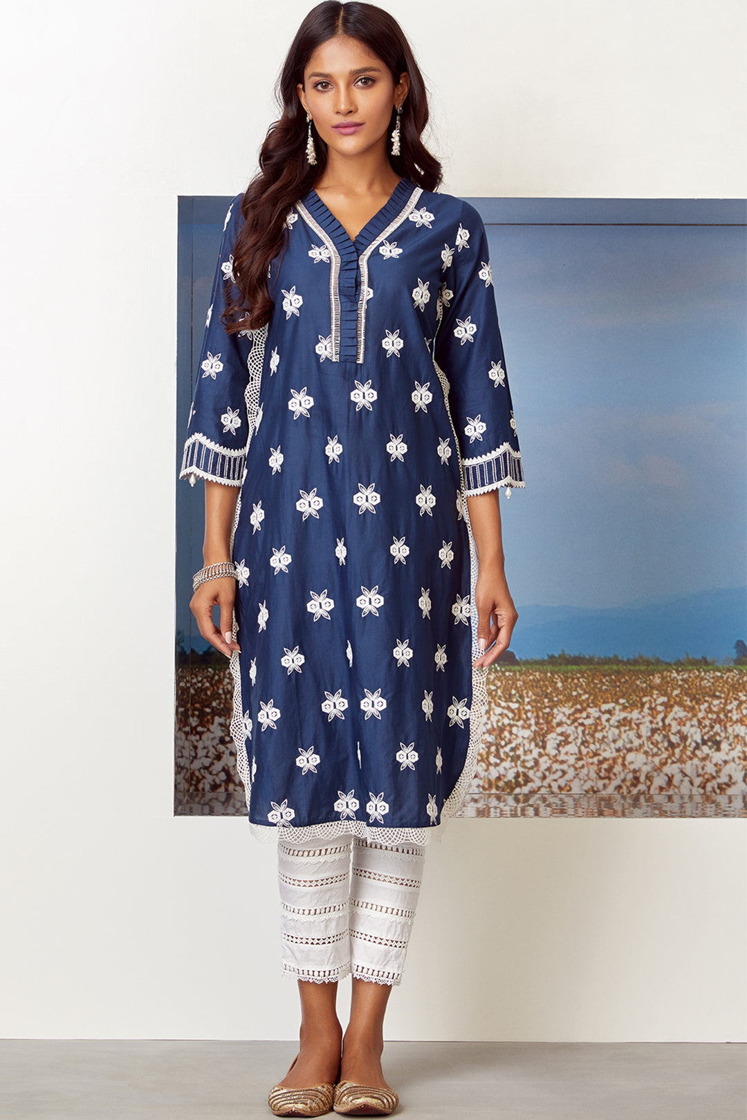 Mulmul Cotton Dawn Kurta Navy With Ladder Lace White Pyajama