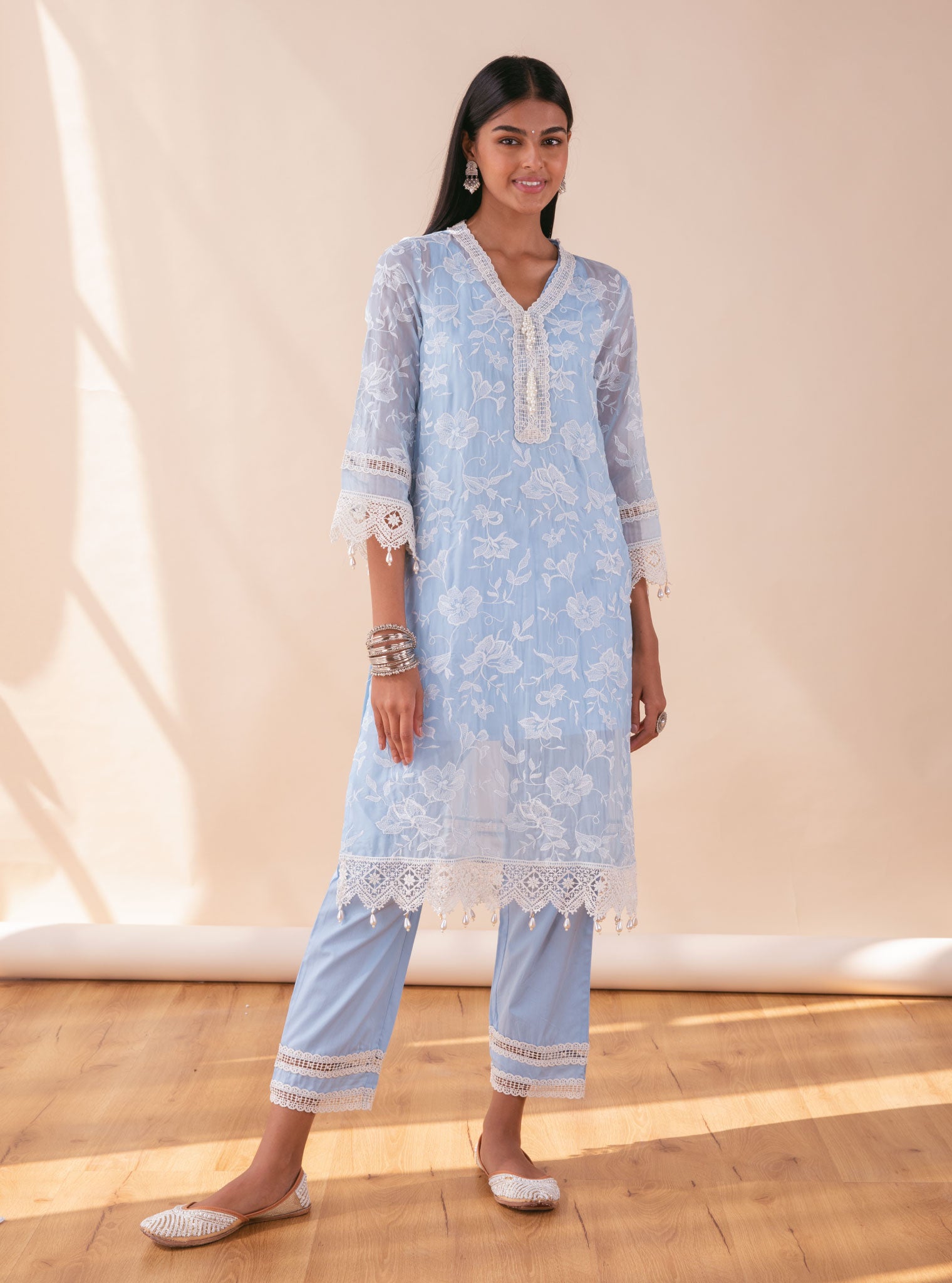 Mulmul Organza Delilah Blue Kurta With Pima Cotton Maisy Blue Pant