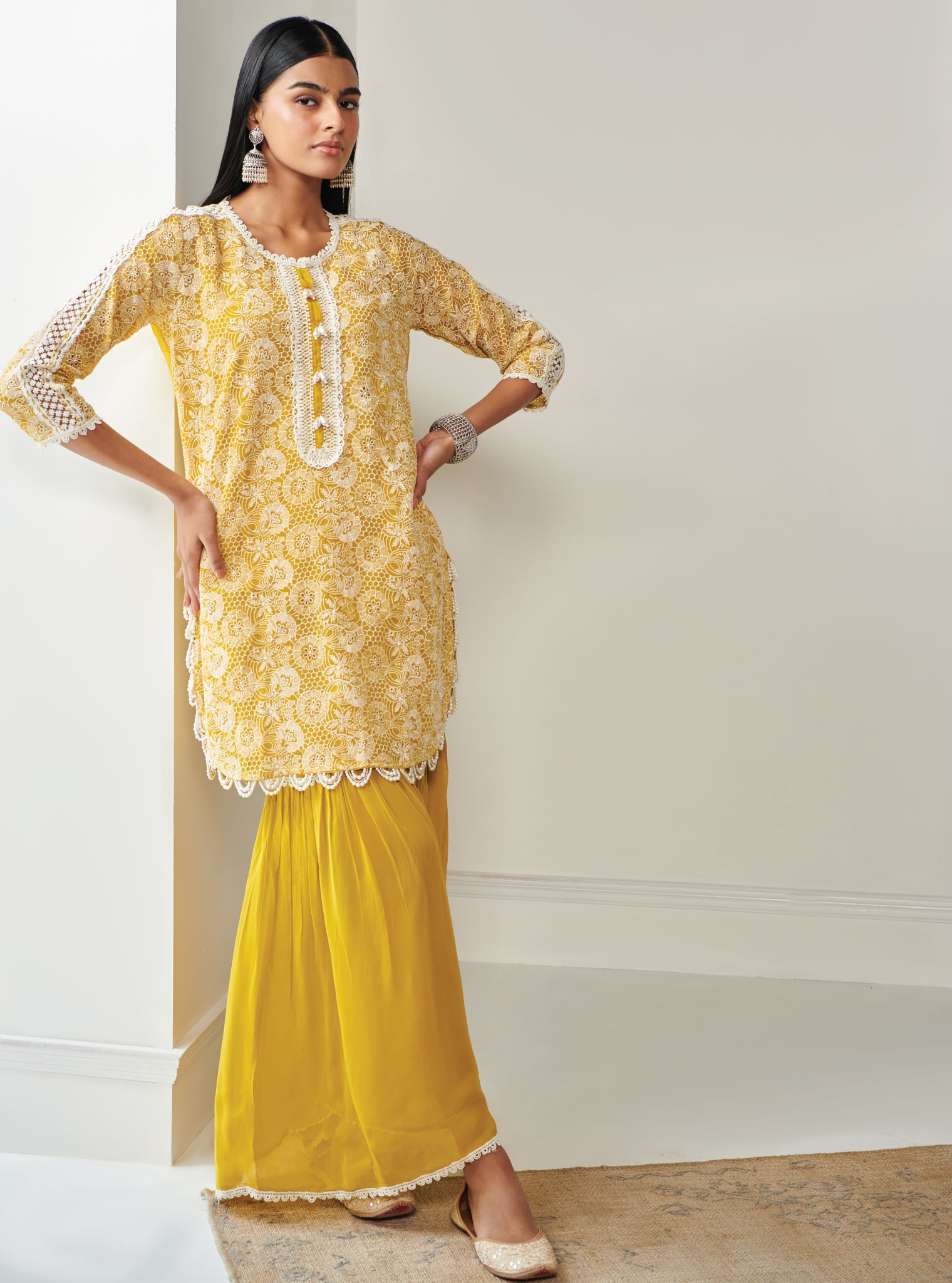 Mulmul Organza Demi Yellow Kurta With Mulmul Georgette Demi Yellow Garara