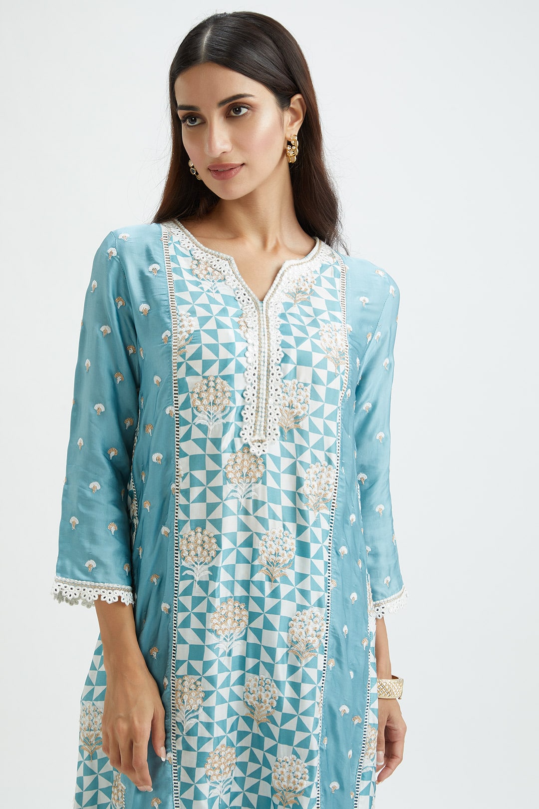 Mulmul Cupro Silk Derby Teal Kurta With Derby Teal Pant