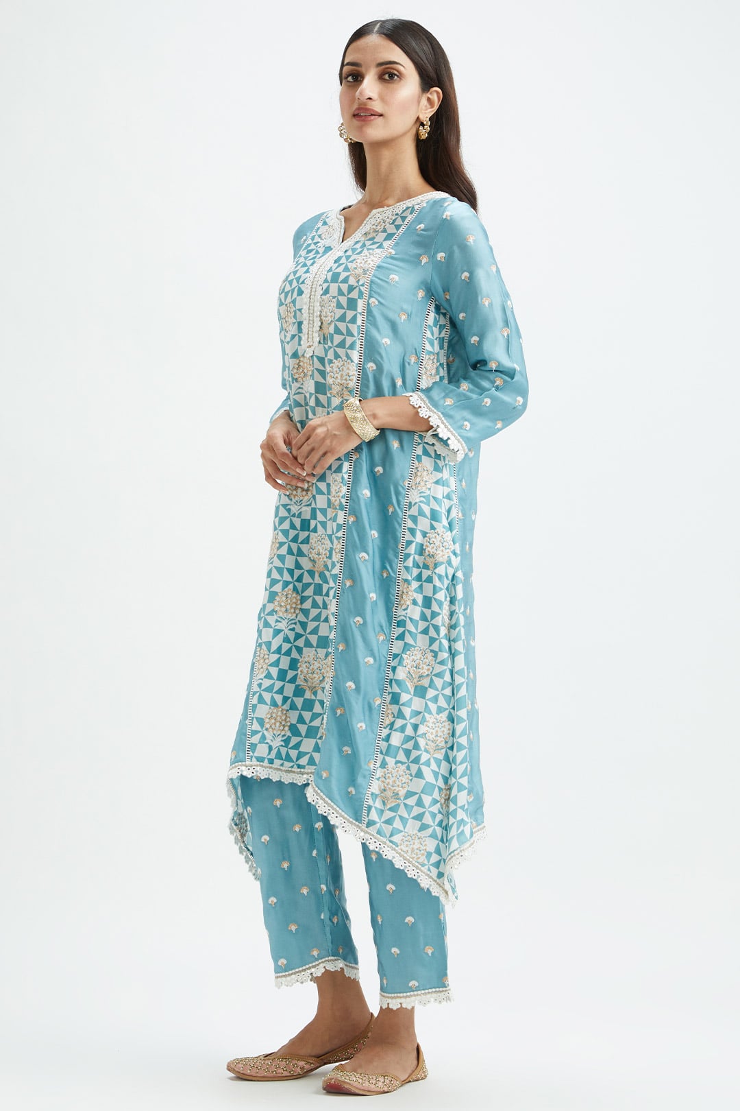 Mulmul Cupro Silk Derby Teal Kurta With Derby Teal Pant