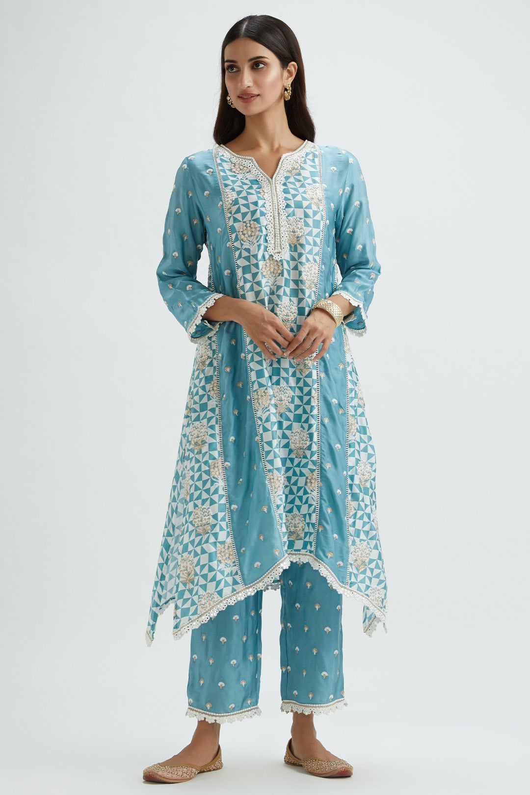 Mulmul Cupro Silk Derby Teal Kurta With Derby Teal Pant