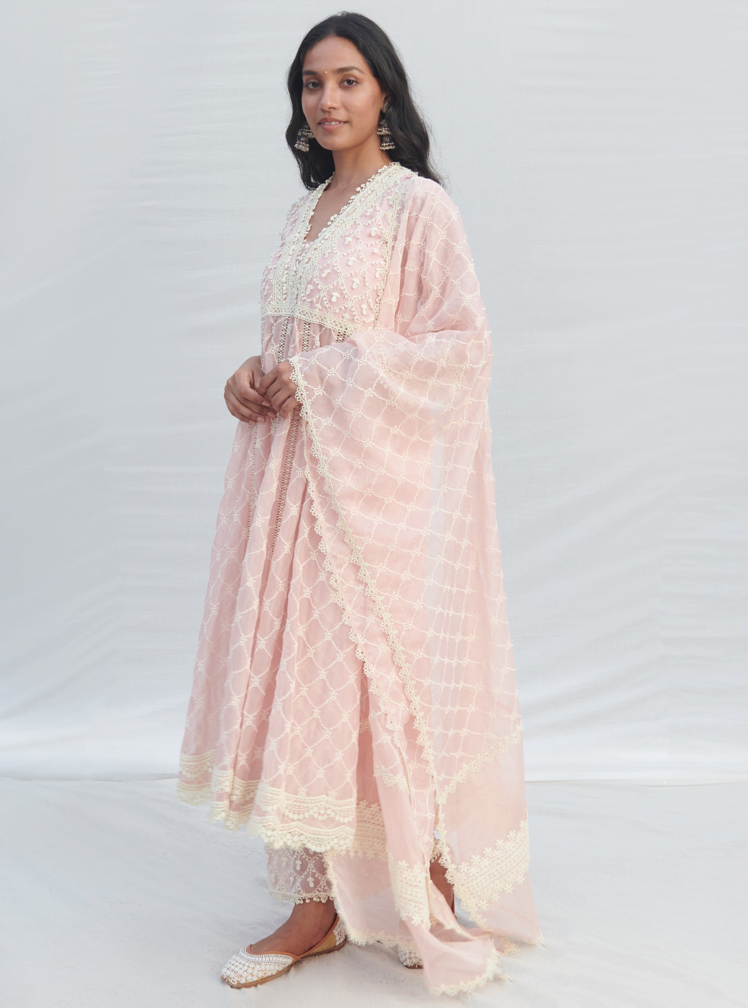 Mulmul Organza Anarkali Dori Pink Kurta With Mulmul Cotton Dori Pink Pant